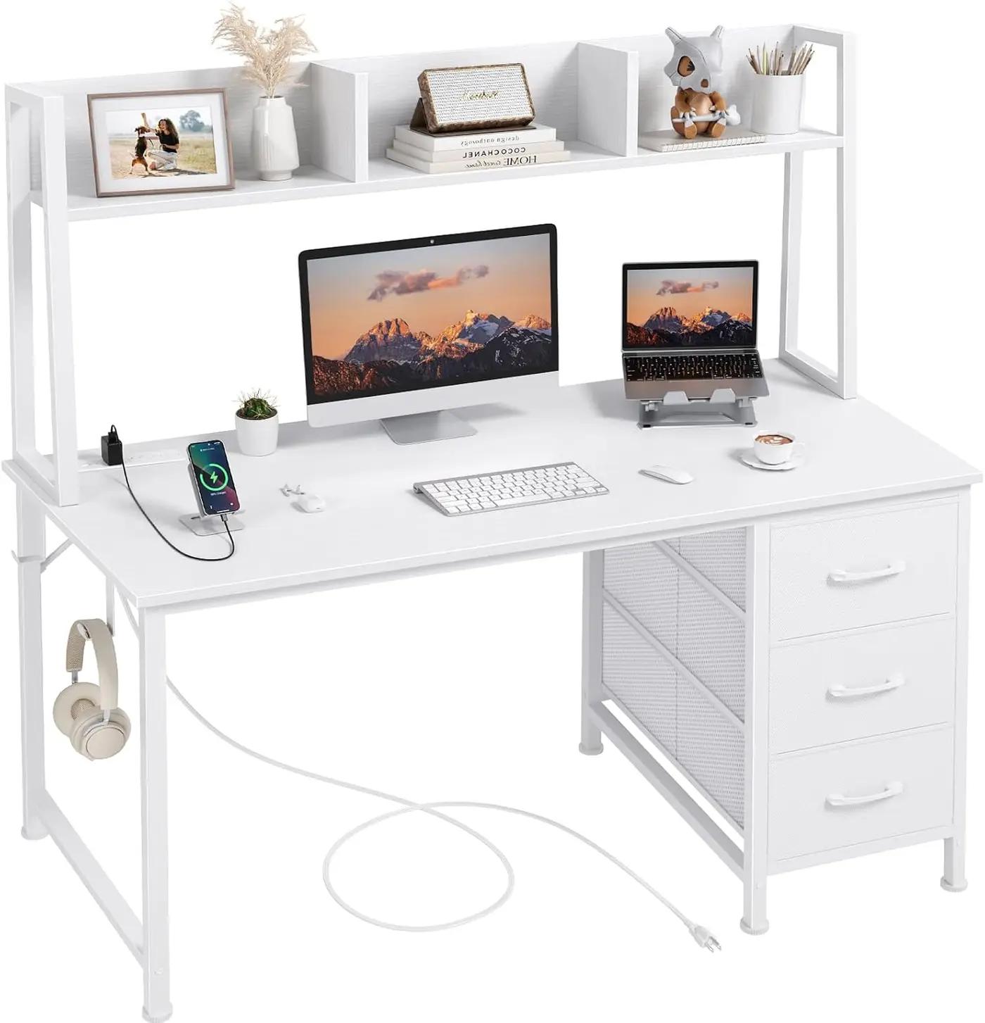 DLisiting White Computer Desk with Hutch &amp; Drawers - Office Desk with 3 Storage Drawers and Power Outlets, 47 Inch Modern Study Writing Desk for Bedroom Home Office