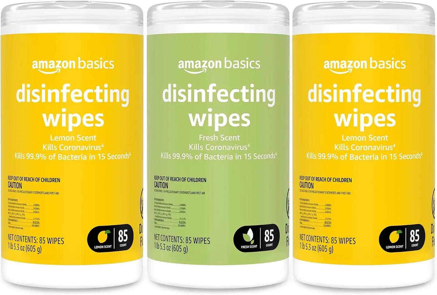 Amazon Basics Disinfecting Wipes, Lemon &amp; Fresh Scent, Sanitizes/Cleans/Disinfects/Deodorizes, 255 Count (2 Packs Lemon, 1 Pack Fresh Scent)