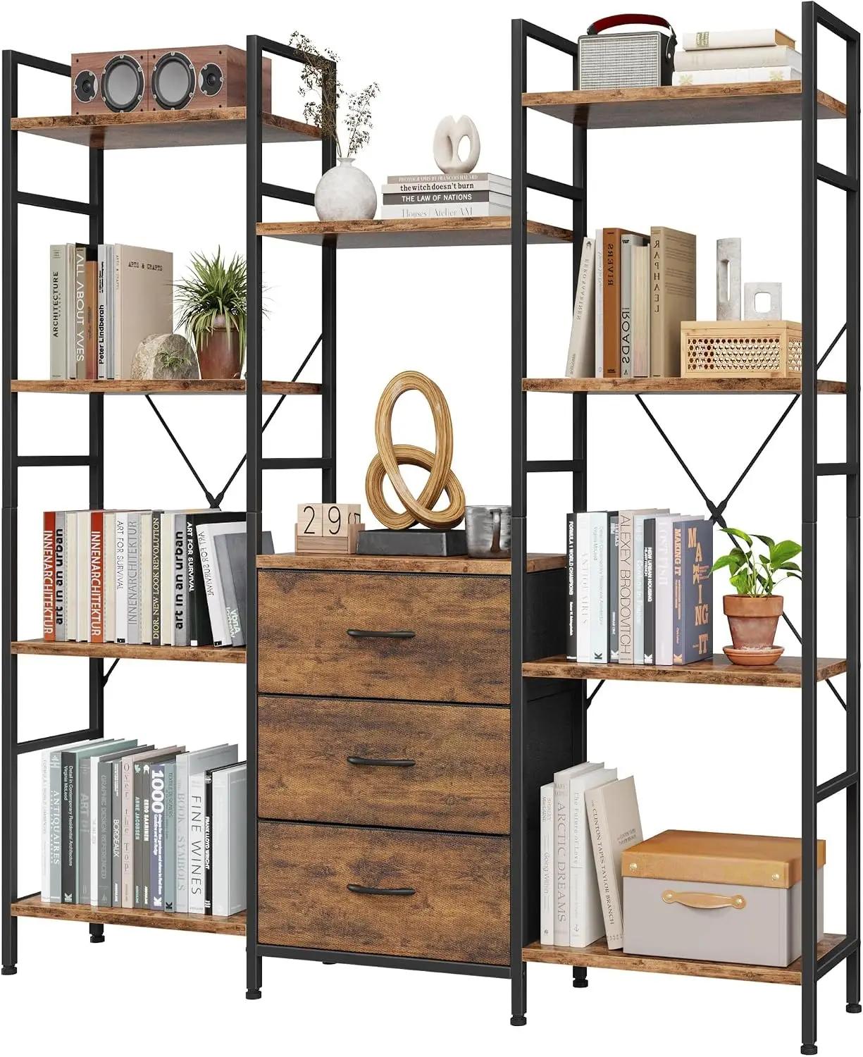 AFLUI Triple Bookshelf with 3 Fabric Drawers, 4-Tier Book Shelf and 10 Display Shelves, Industrial Large Bookcase for Home &amp; Office, Rustic Brown, 47'' Wide Global Recycled Standard