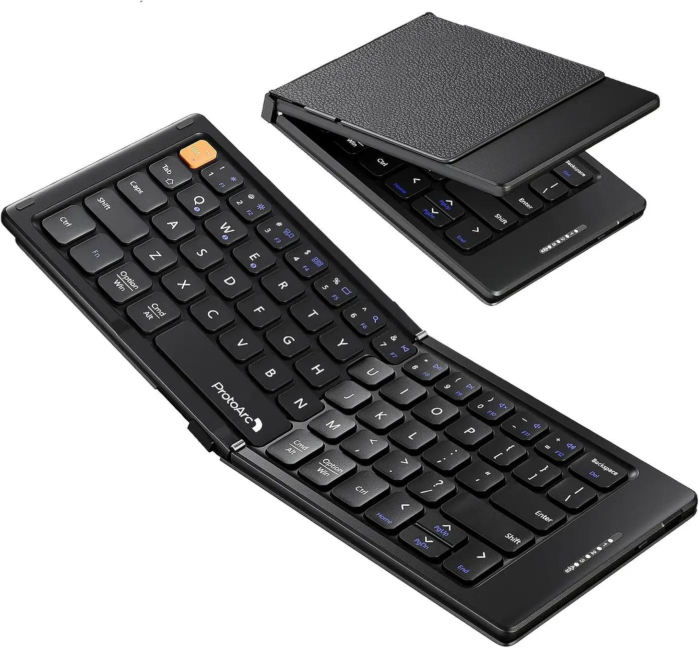 ProtoArc Foldable Compact Keyboard, XK04 Portable Bluetooth Keyboard with PU Leather Cover, Pocket-Sized Wireless Travel Keyboards for iPad, iPhone, Smartphone, Tablet and Laptop - Black ClimatePartner certified