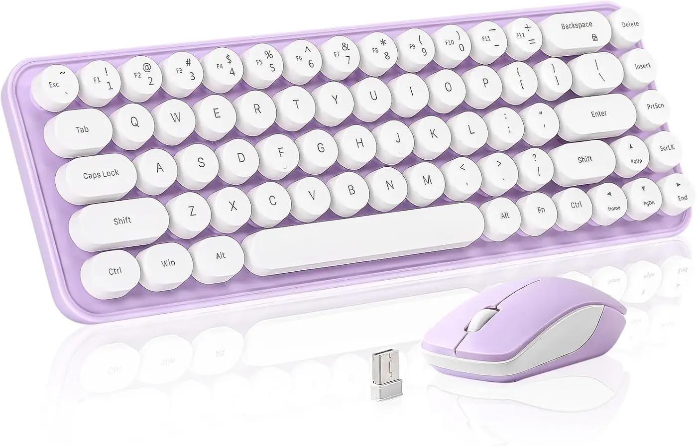 i68 Wireless Typewriter Keyboard and Mouse Combo,Purple Keyboard with 2.4GHz Connection, Cute Retro Aesthetic Design Round Keycaps for Tablet, Phone, PC and Win/Mac/Android(Purple)