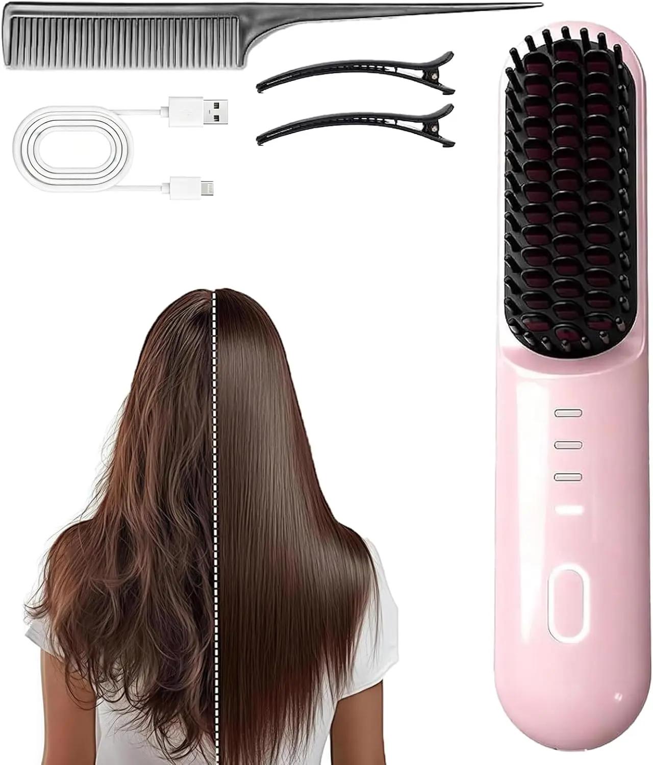 Go Brush Pro for Short Hair, New Upgraded Cordless Straightening Brush with 30s Fast Heat, 4 Temperature Settings, Ionic &amp; Ceramic Care, 4000mAh USB-C Rechargeable for Frizz-Free Styling (1PC-Pink)