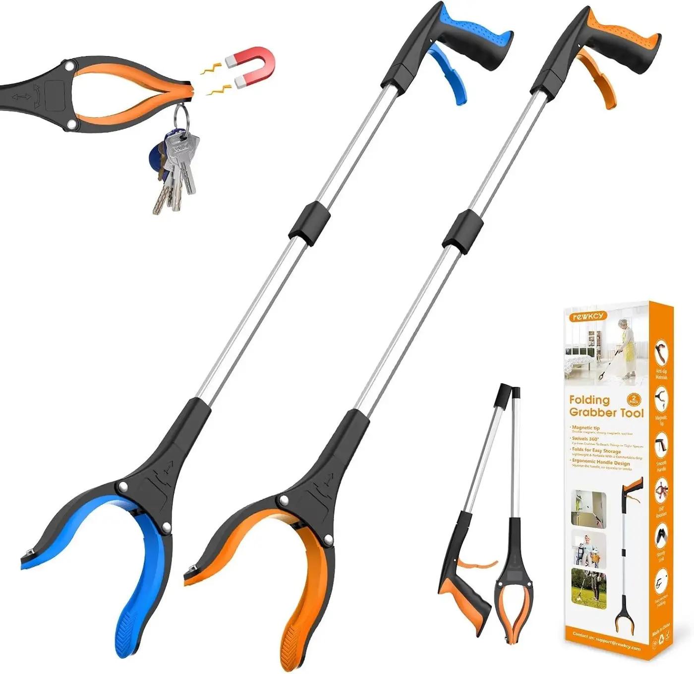 32" Grabber Reacher Tool, 2-Pack Foldable Reacher Grabber Pickup Tool with 360° Rotating Jaw &amp; Magnet, Trash Picker Upper Grabber, Lightweight Grabbers for Seniors Heavy Duty