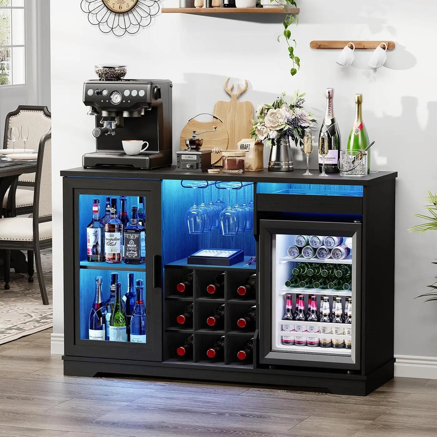BROTTAR Coffee Bar Cabinet with Fridge (Fridge Included), Large Liquor Bar Cabinet with LED Lights, Glass Holder &amp; Wine Rack, Wine Cabinet with Human Body Sensor, Buffet Sideboard for Home, Black The Forest Stewardship Council