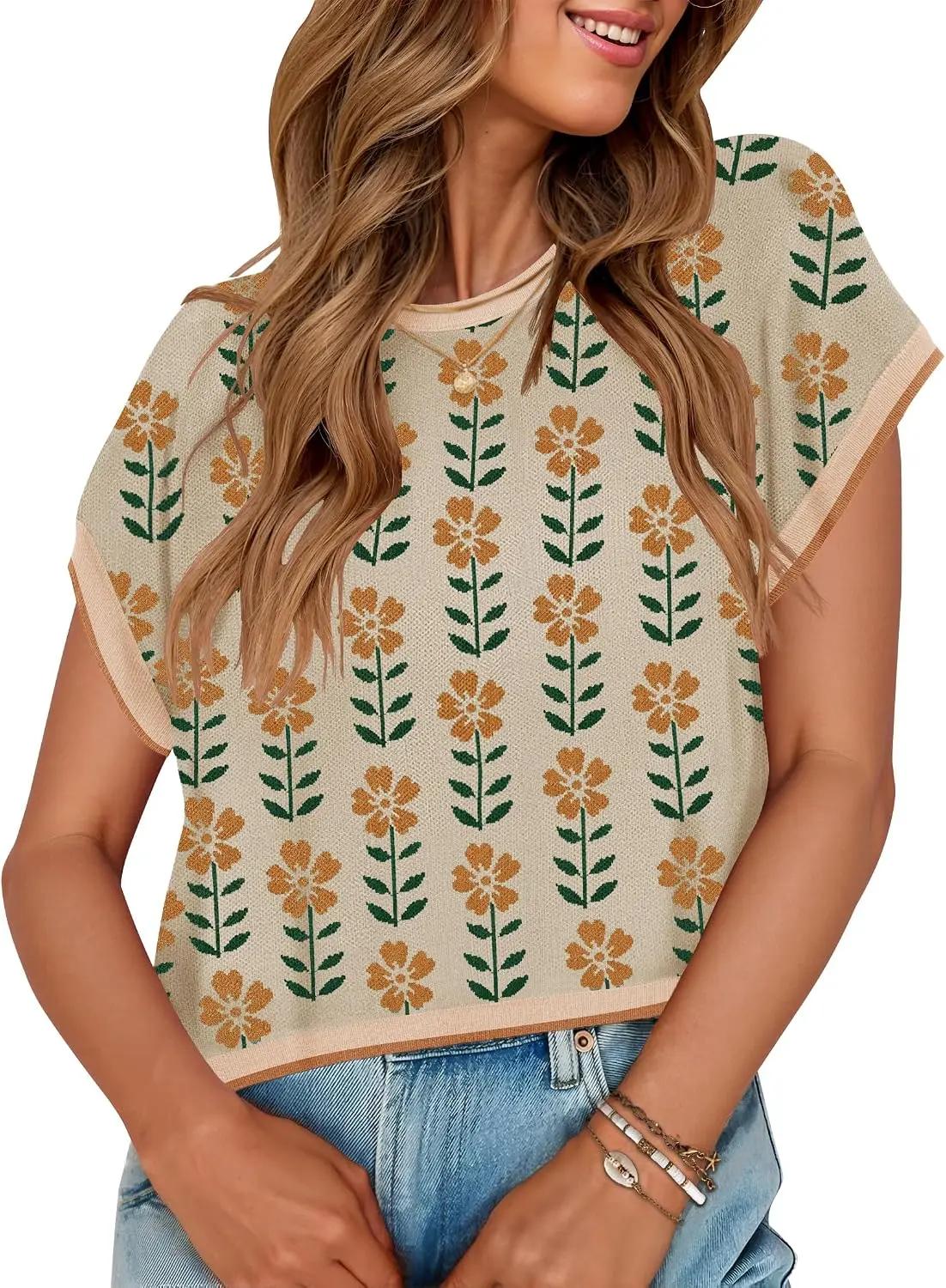 ZESICA Women's Summer Floral Short Sleeve Sweater Vest 2026 Crewneck Loose Knit Tank Tops Going Out Trendy Clothes