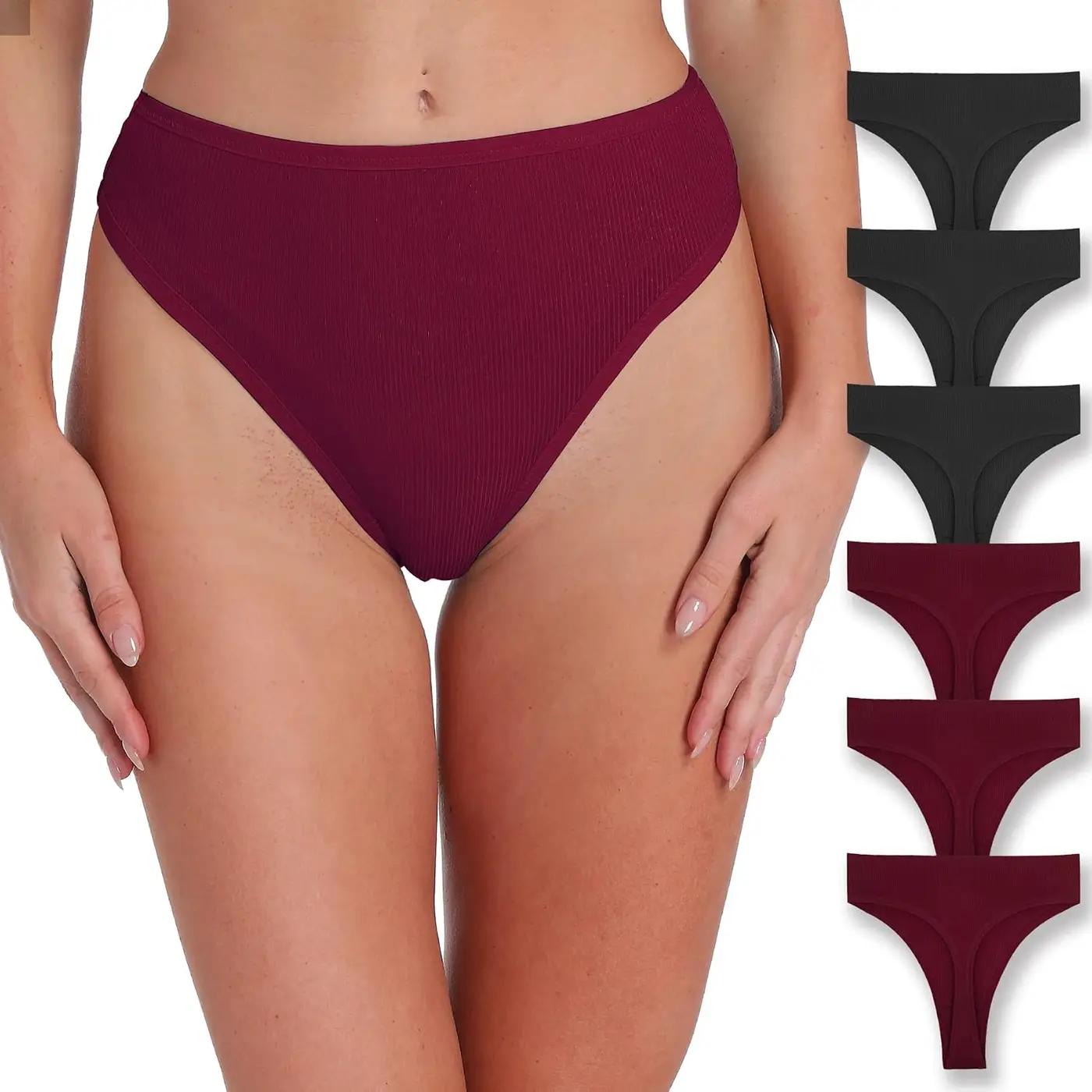 Xlndsoea High Waisted Ribbed Cotton Thongs for Women High Cut Breathable Underwear 6-Pack Size S-4XL