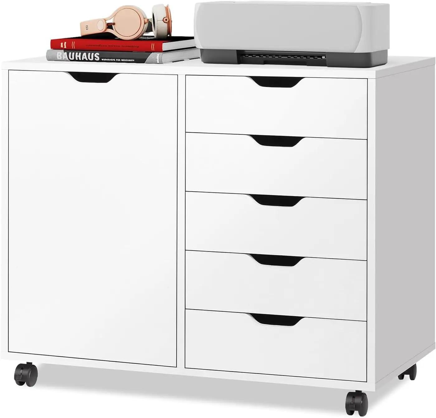 DEVAISE 5-Drawer Wood Drawer Cabinet, Office Storage Cabinet with Adjustable Shelf &amp; Wheels, Printer Stand for Home Office, White