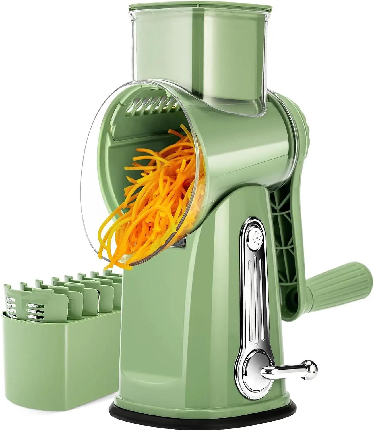 SUSTEAS Rotary Cheese Grater with Handle - Vegetable Shredder with 5 Well-designed Blades &amp; Strong Suction Base,Round Mandoline Slicer &amp; Food Chopper for Kitchen,with Blade Storage Box(Retro Green) Recycled Claim Standard Blended