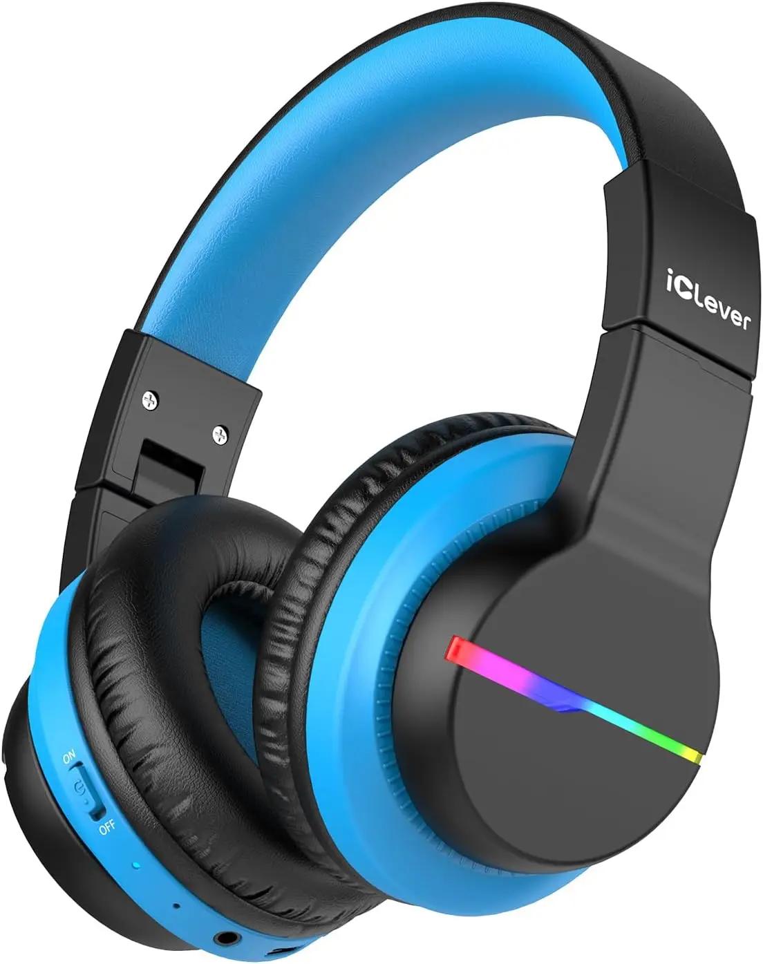 iClever BTH12 Kids Bluetooth Headphones,Colorful LED Lights,74/85dBA Safe Volume,85H Playtime,Bluetooth 5.2,Over Ear Wireless Headphone Built-in Mic for iPad/Tablet/Airplane, Deep Black Global Recycled Standard