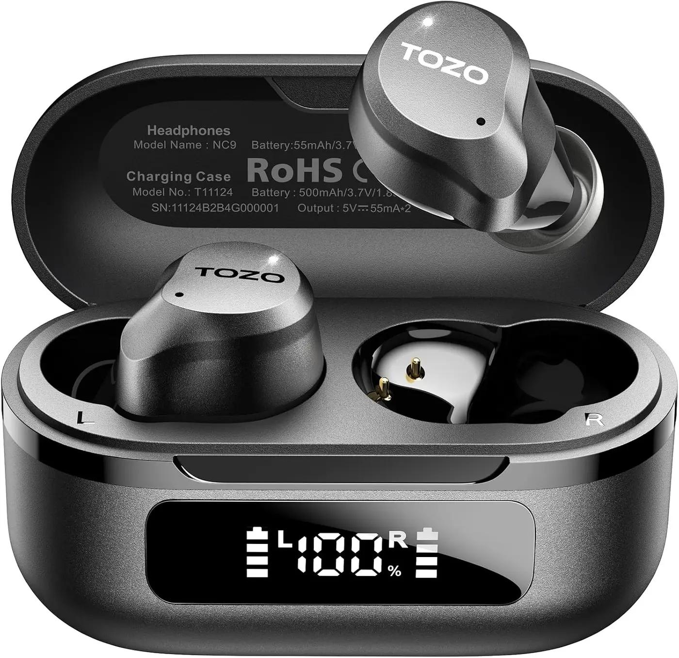 TOZO NC9 Hybrid Active Noise Cancelling Wireless Earbuds, 6 Mics ENC Clear Call, IPX8 Waterproof, in Ear Bluetooth 5.3 Headphones Stereo Bass Ear Buds 60H Playtime with LED Display 32 EQs via APP Global Recycled Standard