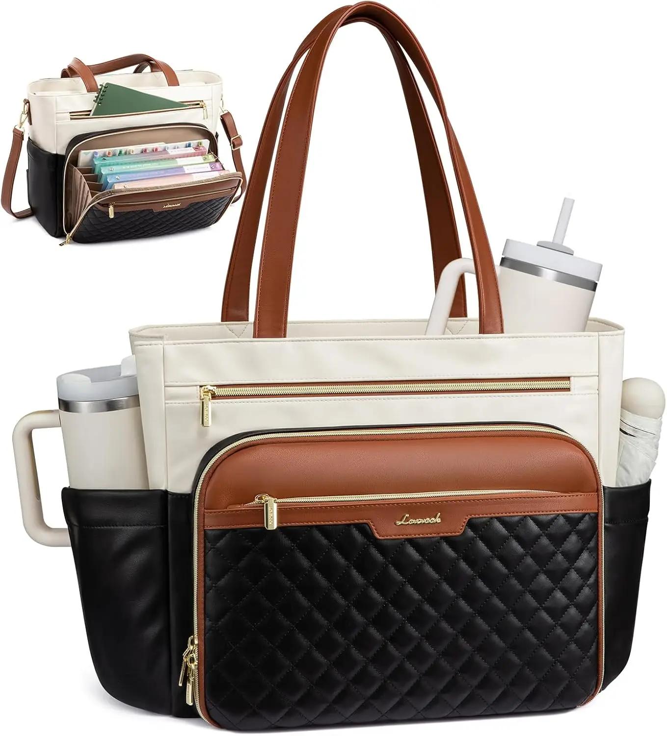 LOVEVOOK Teacher Tote Bag with Accordion File Pocket, Soft PU Leather Work Briefcase Quilted Laptop Bag with Large Cup Holder