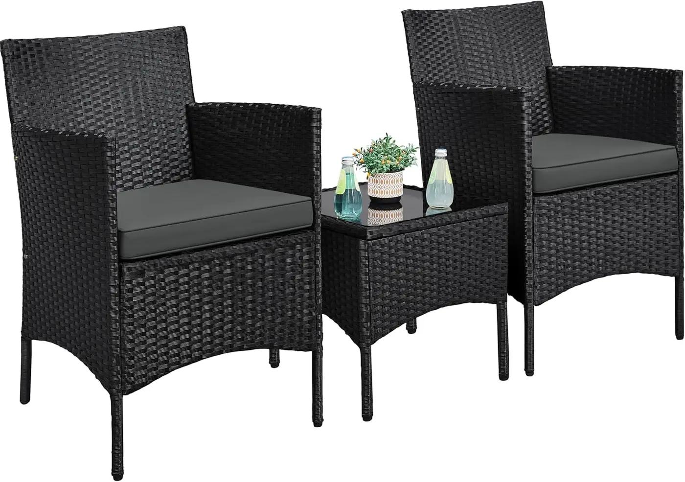 Yaheetech 3 Pieces Patio Porch Furniture Set, Outdoor PE Rattan Wicker Conversation Set with Soft Cushions, Glass Coffee Table &amp; 2 Chairs for Garden/Deck/Courtyard/Poolside, Black/Gray