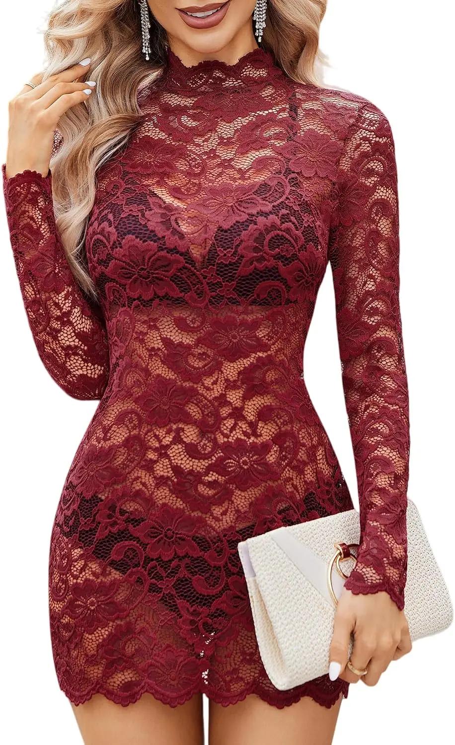 Avidlove Womens Sheer Lace Dress Sexy Long Sleeve Dress See Through Lingerie Short Mini Dresses for Party (No Linling) Global Recycled Standard ISCC PLUS