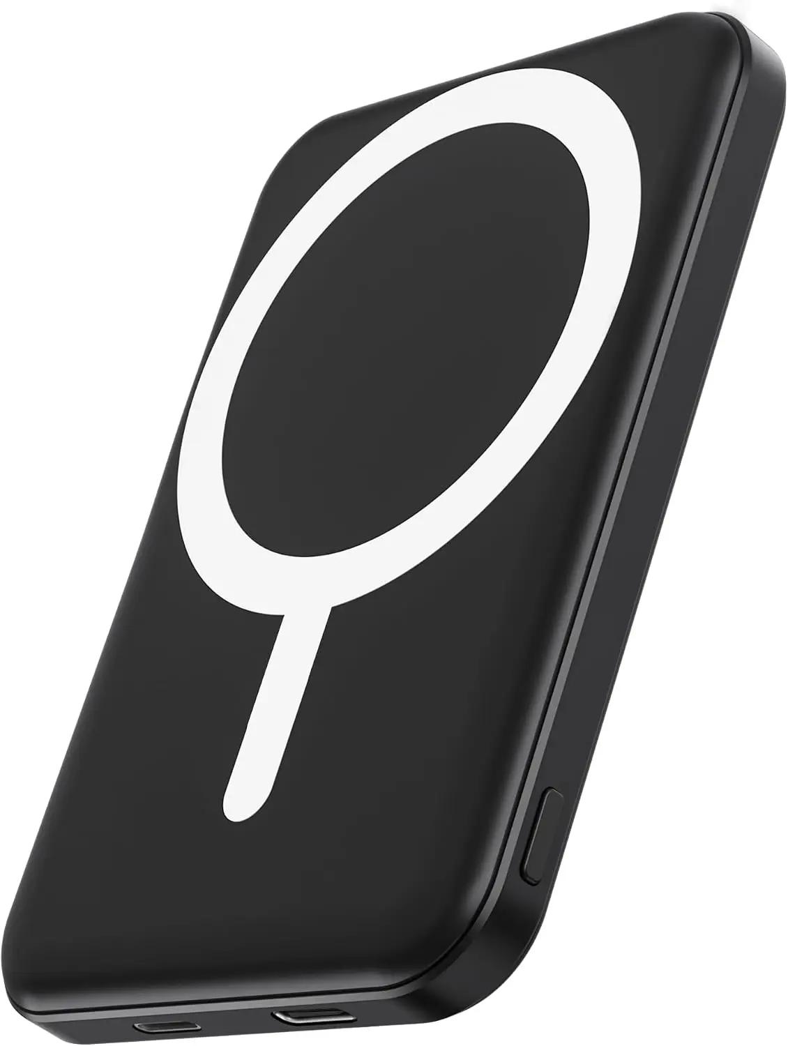 podoru for Magsafe Battery Pack, 5000mAh Magnetic Power Bank with Type-C Cable 20W PD Fast Charging Lighting Input Wireless Portable Charger for iPhone 17/16/15/14/13/12/ All Series-Black Recycled Claim Standard 100