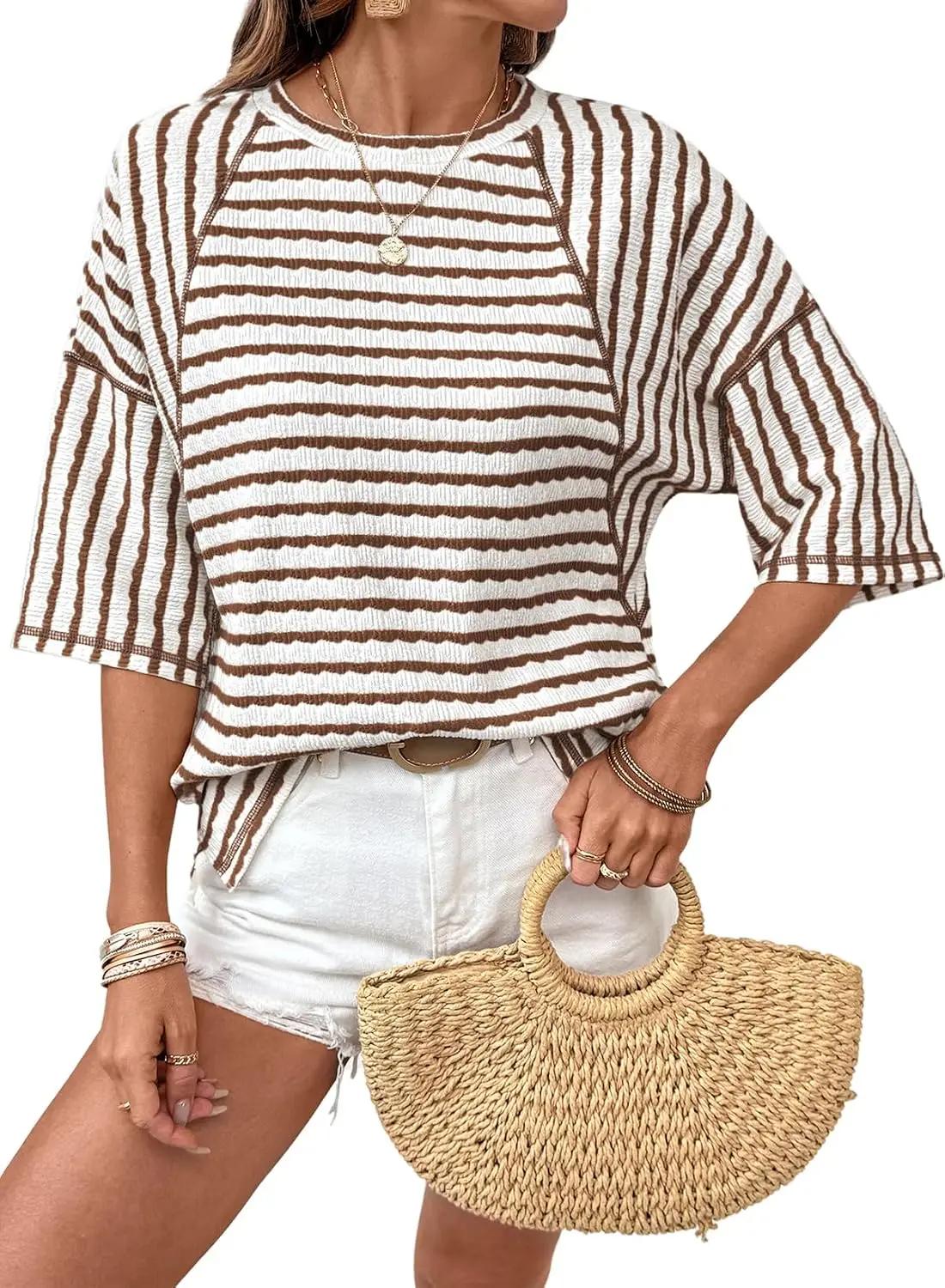 Dokotoo Womens Summer Tops Oversized Tshirts for Women Striped Color Block Short Sleeve T Shirts Crewneck Casual Tee Blouses