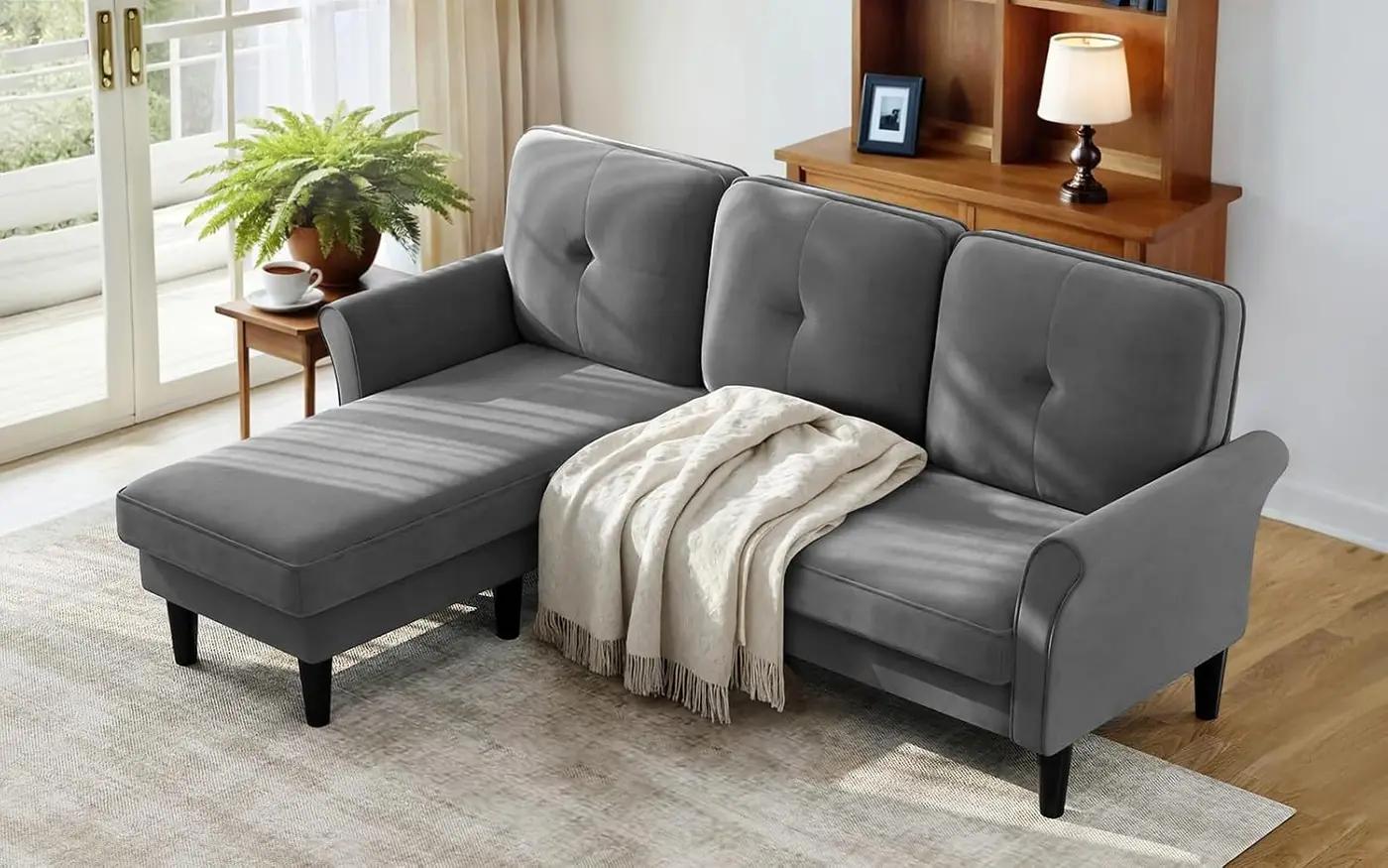 Welzona Sofas for Living Room, 83" Velvet Sectional Couch with Moveable Ottoman, Midcentury Modern Small Sectional Couch, L Shape Sofa &amp; 3 Seater, Couches for Living Room, Apartment, Bedroom, Grey