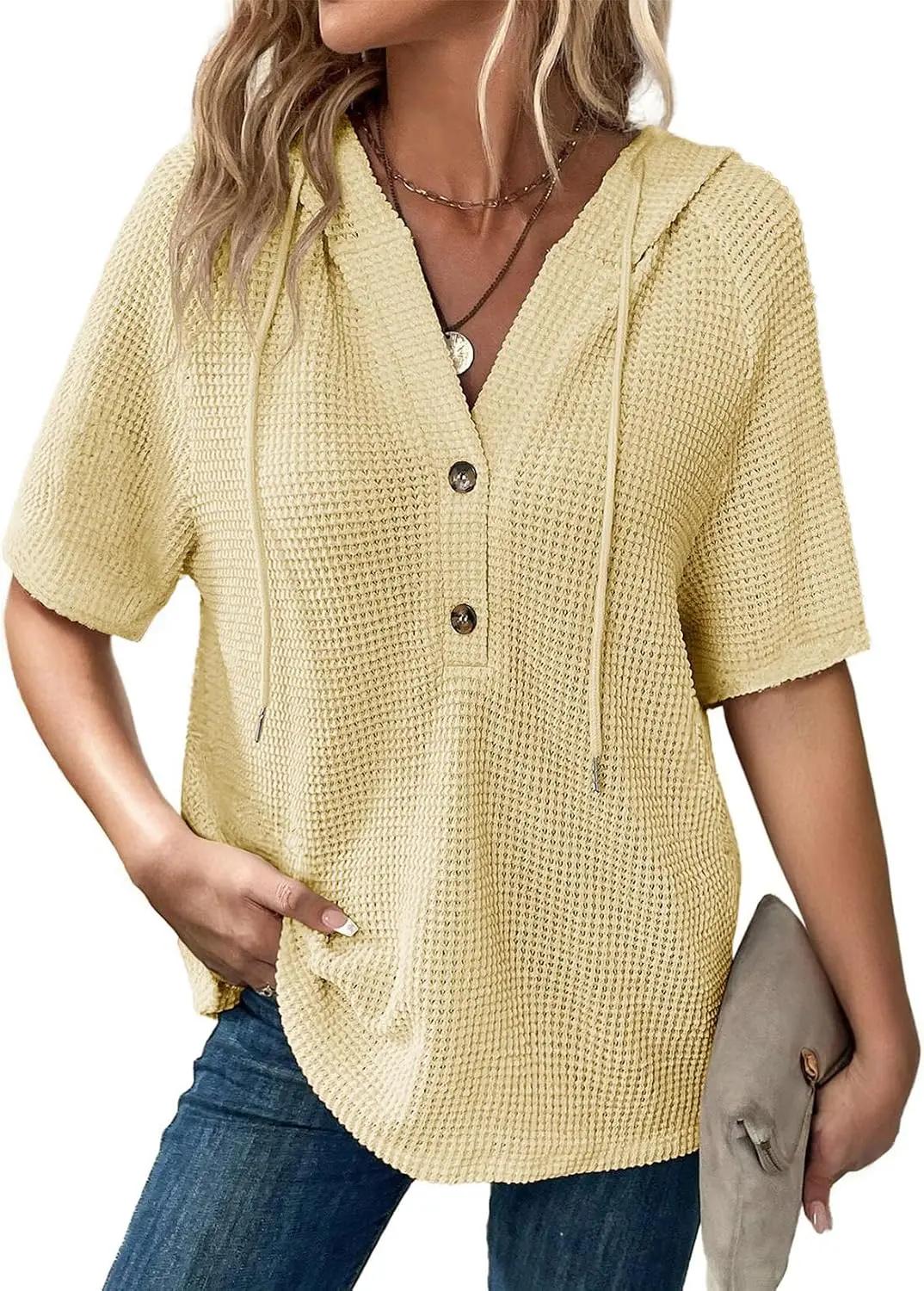 Dokotoo Womens Summer Tops Waffle Knit Short Sleeve Lightweight Drawstring Hoodies Button V Neck Casual Blouses Shirts