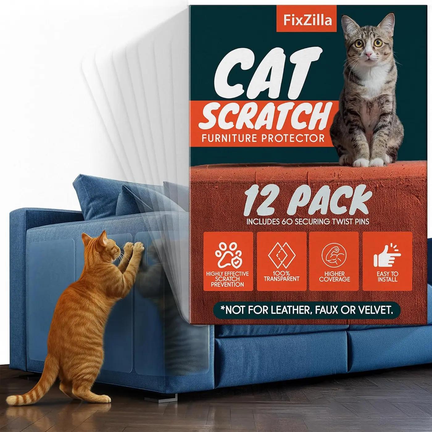 FixZilla Anti Cat Scratch Furniture Protector, 12-Pack Couch Protector from Cat Claws – Heavy-Duty, Easy-to-Apply Scratching Deterrent and Shield for Sofa Corners, Walls, Doors- with 60 Twist Pins
