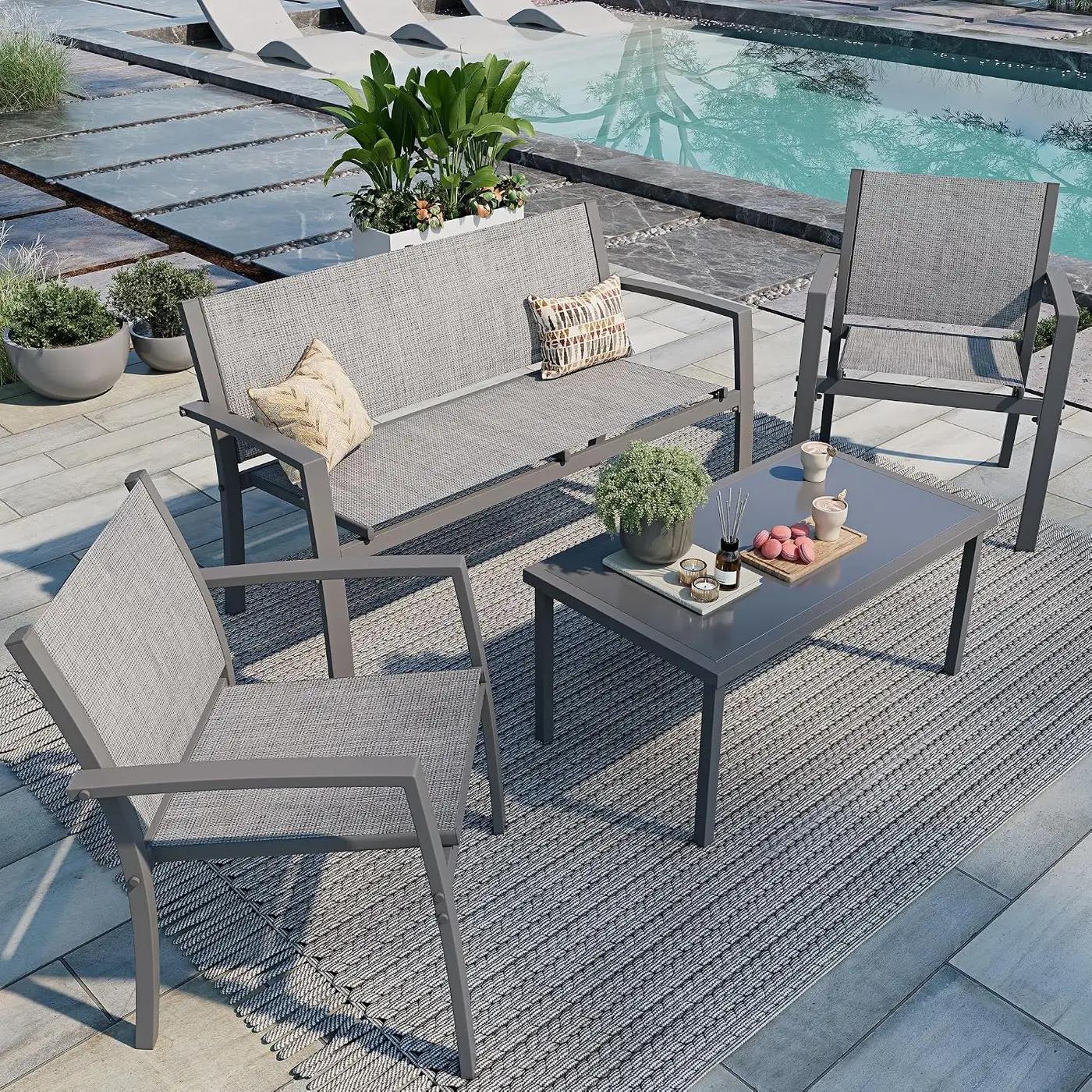 Shintenchi 4 Pieces Patio Furniture Set All Weather Textile Fabric Outdoor Conversation Set, with Glass Coffee Table, Loveseat, 2 Single Chairs for Home, Garden, Lawn, Porch（Silver）