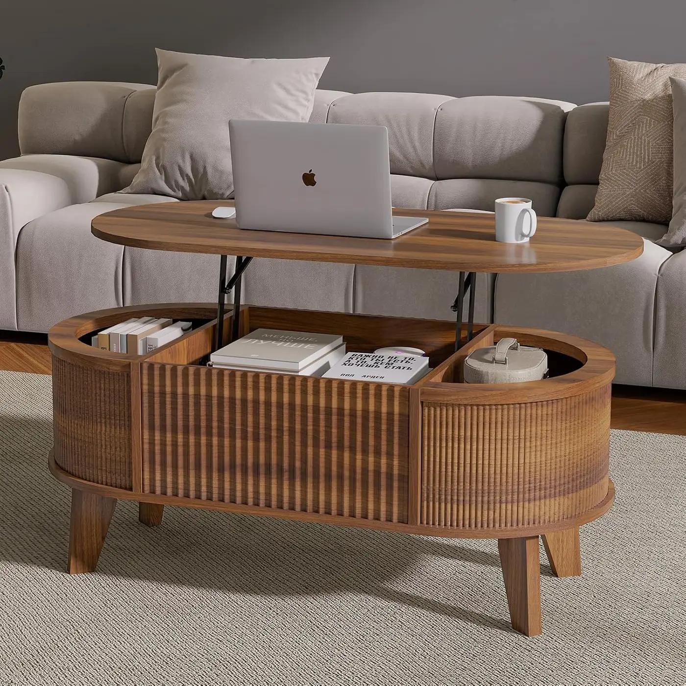 LYNCOHOME Fluted Lift Top Coffee Table with Storage,Modern Oval Coffee Table for Living Room or Home Office（Walnut） The Forest Stewardship Council