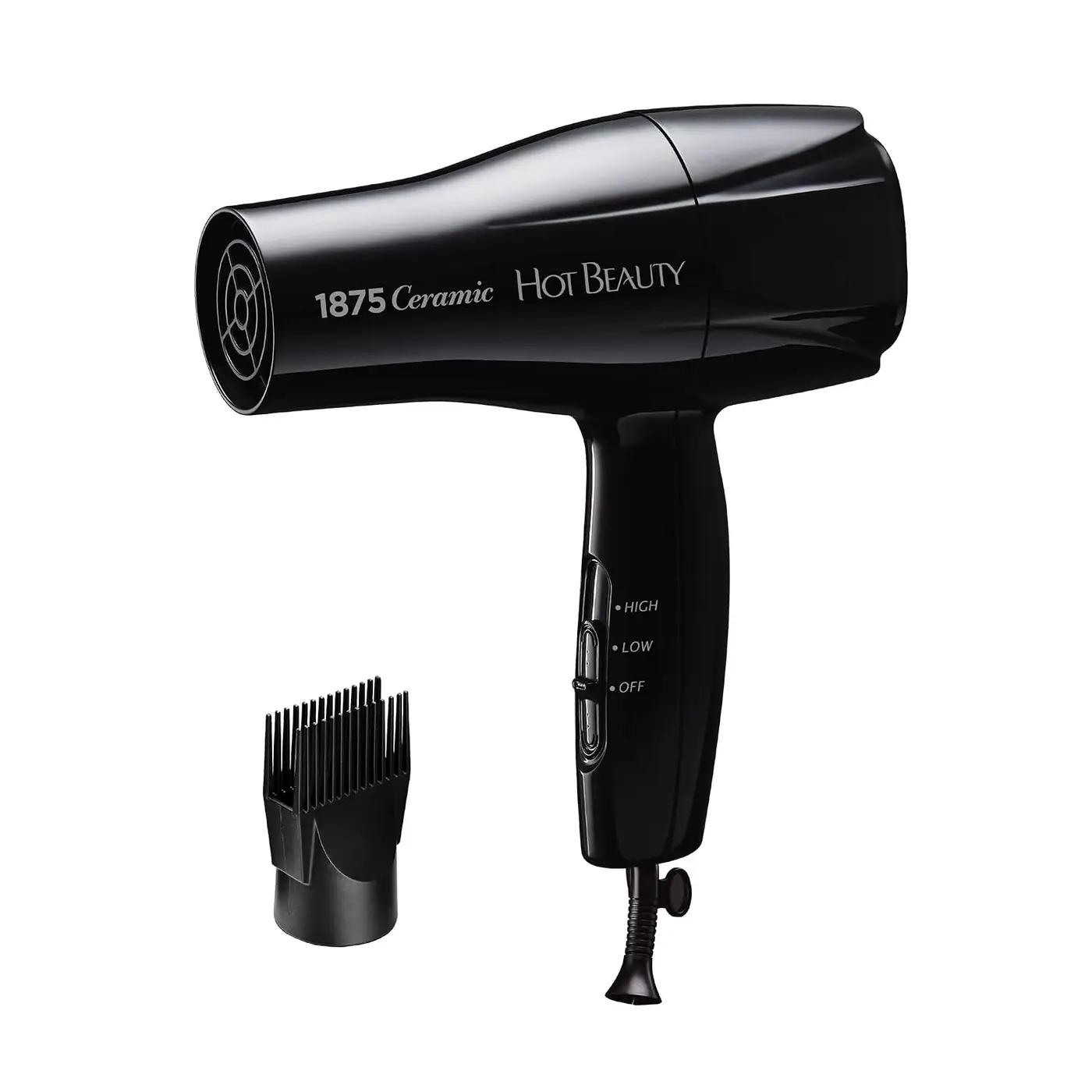 Hot Beauty 1875 Ceramic Hair Dryer, Powerful Fast Drying, Multi-Setting with Comb Attachment, Additional Detangler Included, Slide Bar Switch, Compact for Home &amp; Travel (Black)