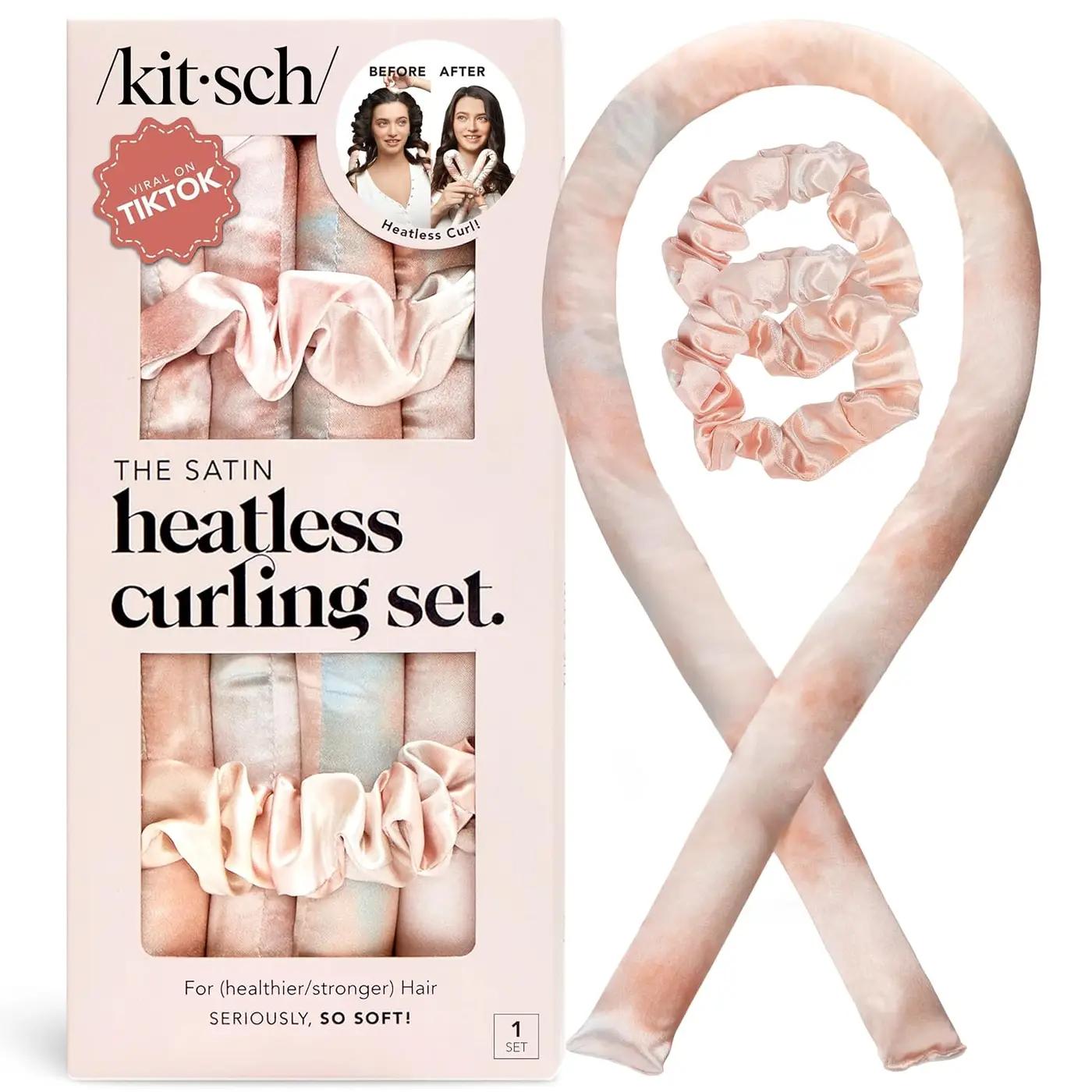 Kitsch Satin Heatless Curlers Set – Heatless Curls Overnight with 34" Hair Curler &amp; 2 Satin Scrunchies – Comfortable Hair Curlers to Sleep In for Frizz-Free, No Heat Damage Styling - Sunset Tie Dye OEKO-TEX STANDARD 100