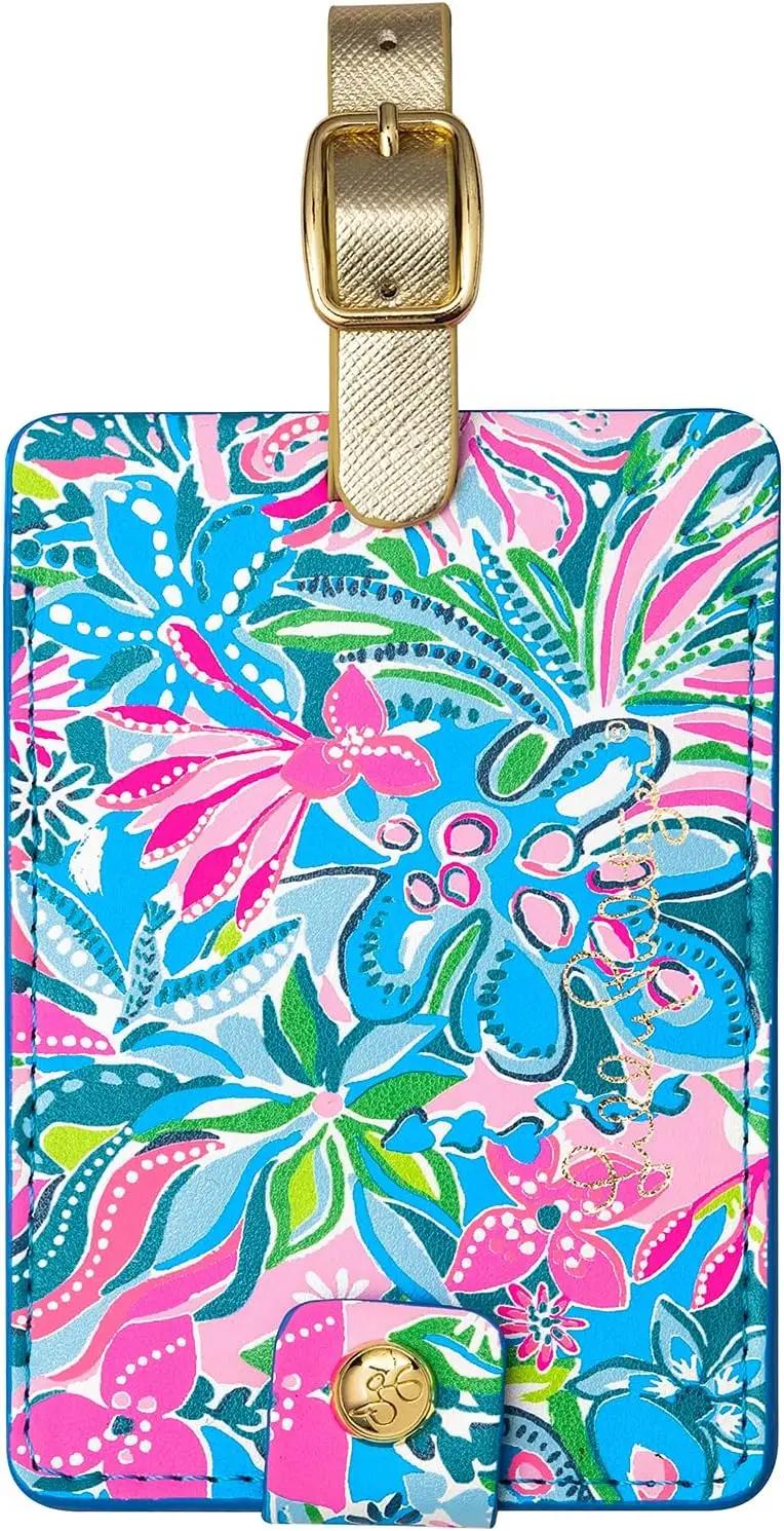 Lilly Pulitzer Leatherette Luggage Tag with Secure Strap, Colorful Suitcase Identifier for Travel