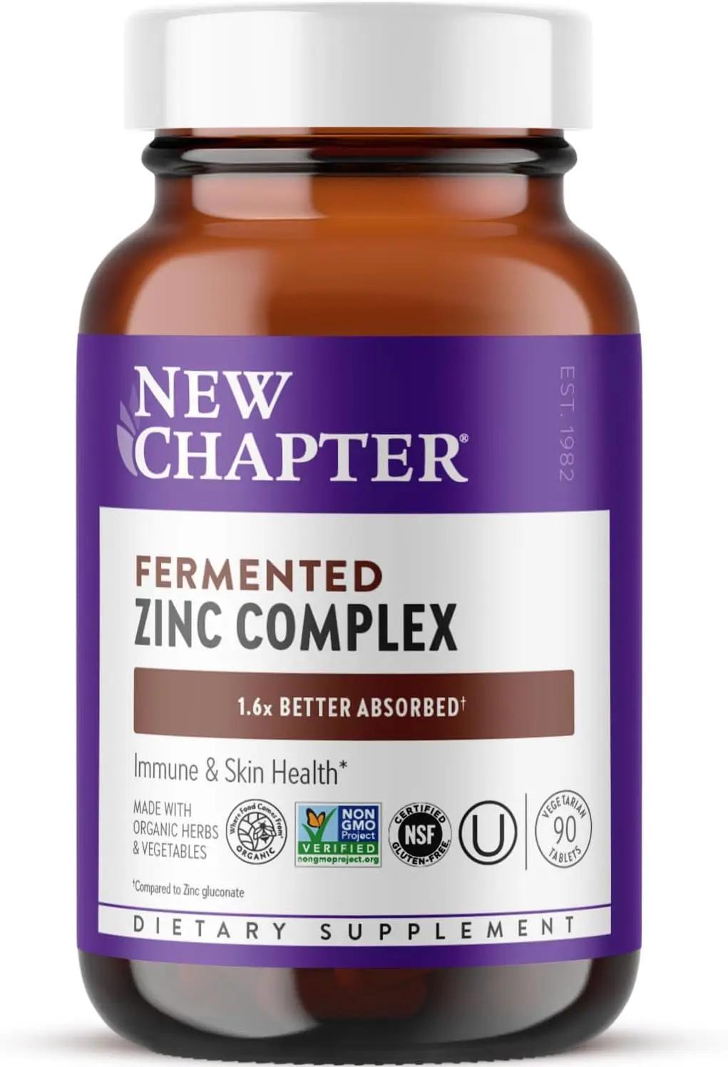 New Chapter Zinc Supplement, Fermented Zinc Complex, ONE Daily for Immune Support + Skin Health, Mineral-Balancing Formula Rich in Copper, Easy to Swallow &amp; Digest, 90 Count (3 Month Supply) ClimeCo Certified