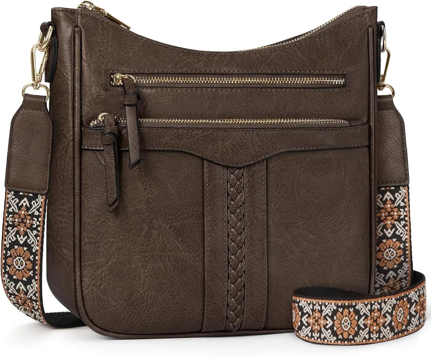 RAINSMORE Crossbody Bags for Women, 7 Pockets Crossbody Purses Lightweight Leather Shoulder Handbags for Travel