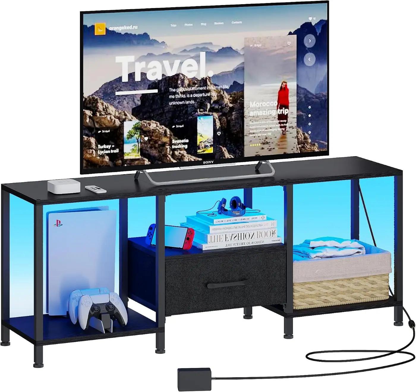 JARHETUN TV Stand with LED Lights, Entertainment Center with Open Shelves and Fabric Drawer, Media Console for 55 Inch TV, Television Stands for Living Room, Bedroom, Black