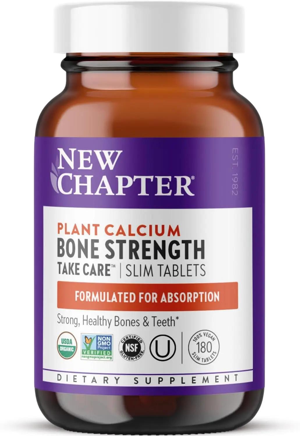 New Chapter Calcium Supplement - Bone Strength Plant-Based USDA Organic Calcium with Magnesium, Vitamin D3+K2, for Bone Health &amp; Joint Mobility, Heart Support, 905 mg dose - 180 Slim Tablets USDA Organic