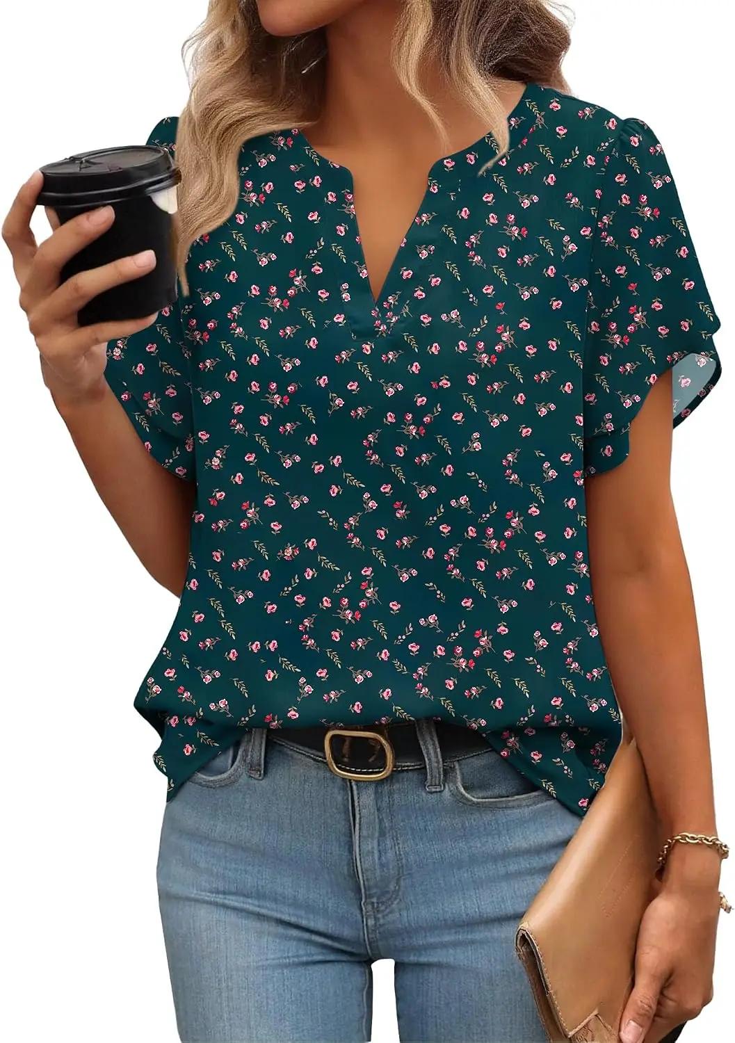 Zeagoo Womens Dressy Casual Shirts Short Sleeve V Neck Work Blouse Business Casual Summer Chiffon Tops