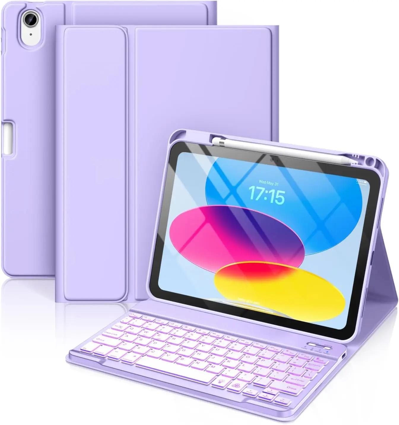 Hamile for iPad 11th 10th Generation Case with Keyboard - 7 Colors Backlit Wireless Detachable Folio Keyboard Cover with Pencil Holder for iPad 11-inch A16 2025 10th Gen 10.9 Inch 2022 (Purple)