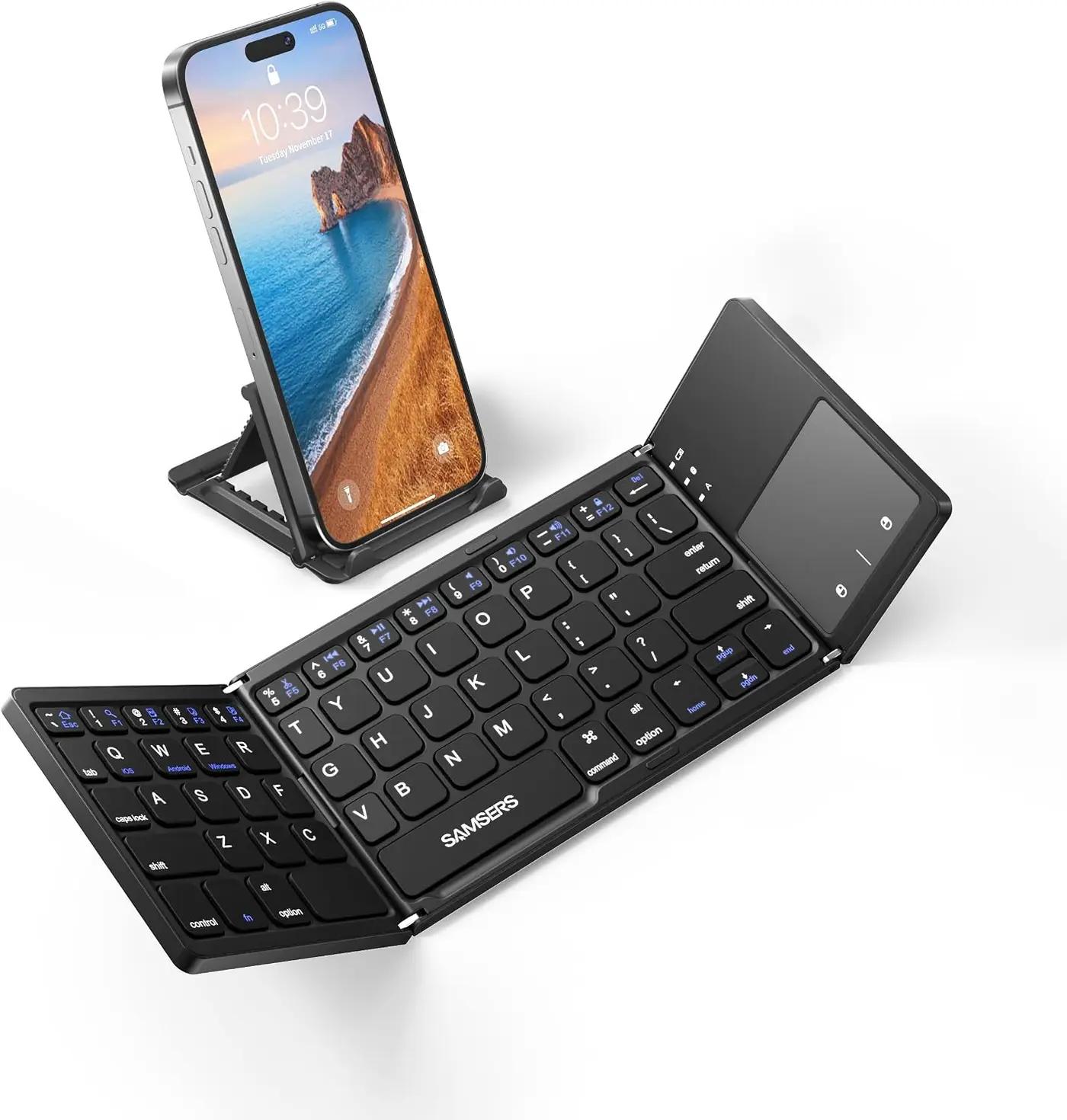 Samsers Foldable Bluetooth Keyboard with Touchpad - Portable Wireless Keyboard with Holder, Rechargeable Full Size Ultra Slim Pocket Folding Keyboards for Android Windows iOS Tablet &amp; Laptop - Black