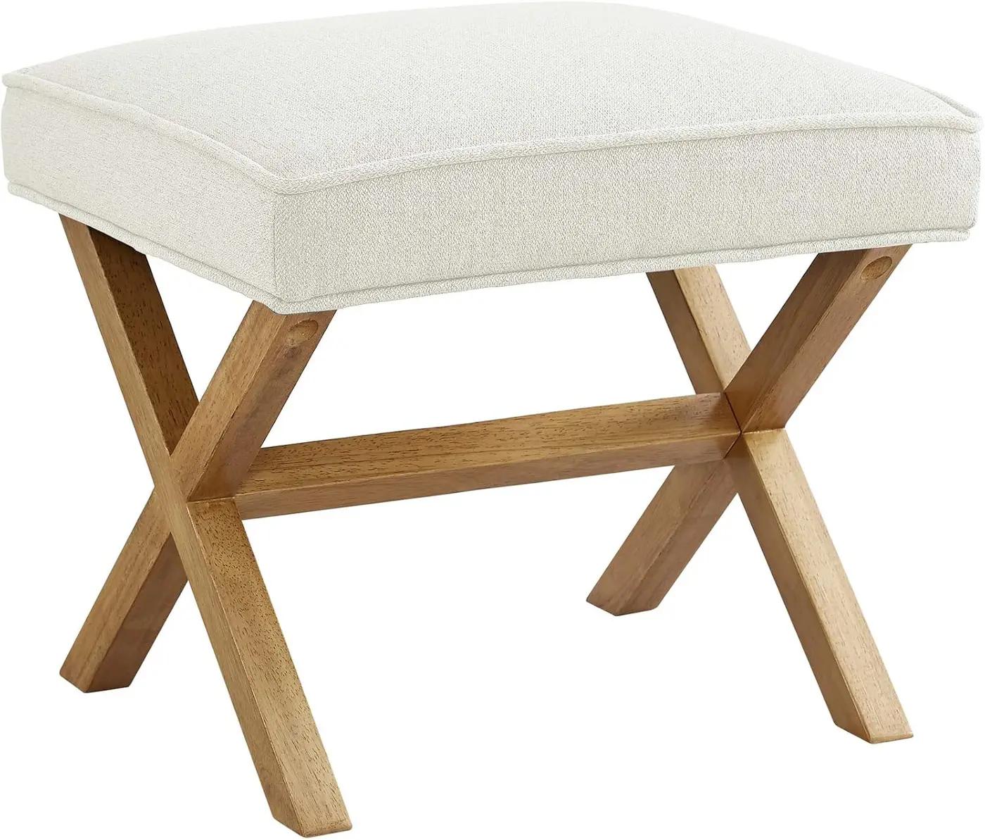 Amazon Basics Small Ottoman Foot Rest, Mid-Century Modern X Square Polyester Foot Stool, Linen, Ivory White, 18"D x 19.8"W x 18.3"H