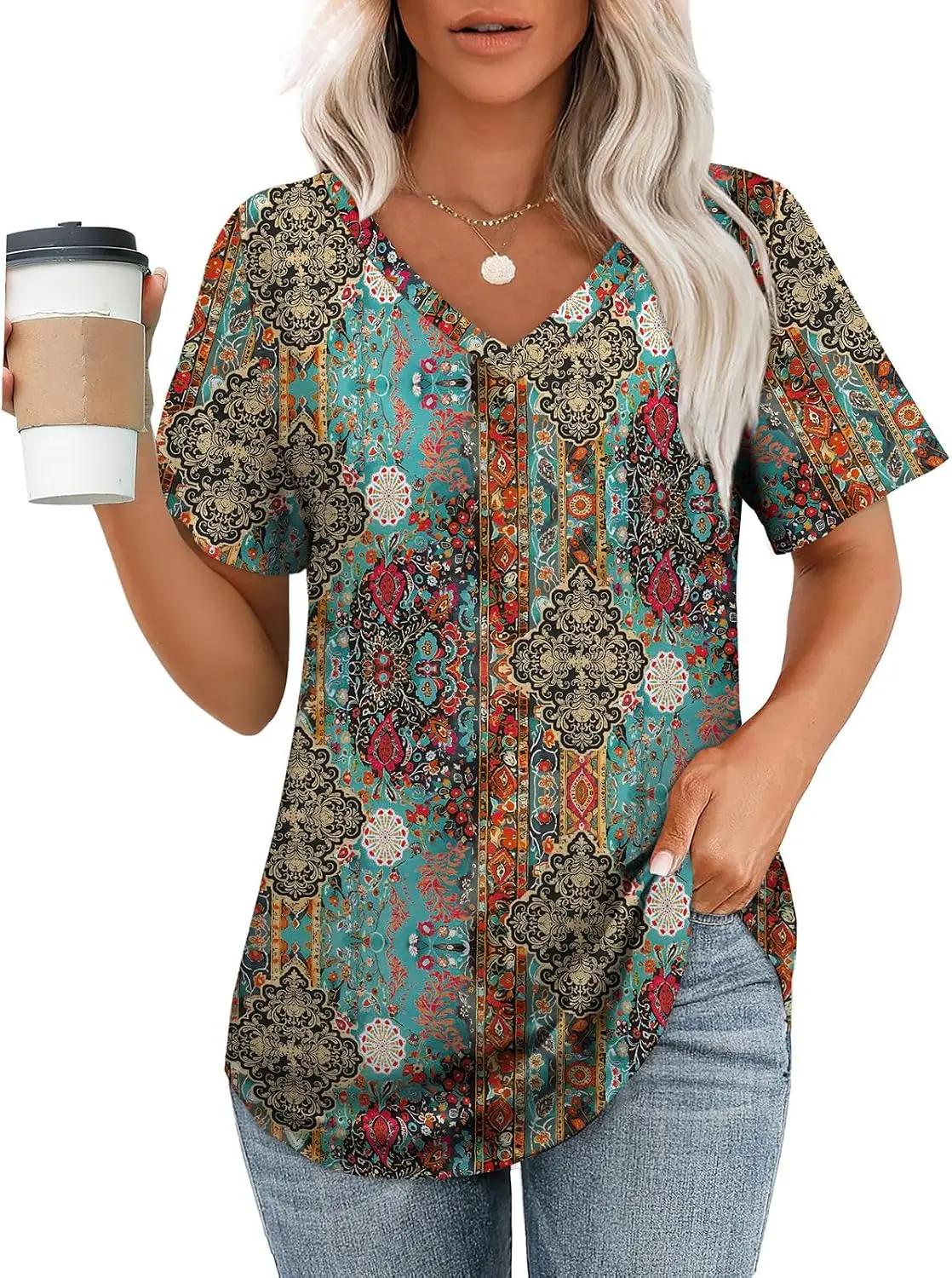 OFEEFAN Womens T Shirts V Neck Short Sleeve Casual Tops Loose Fit Basic Tees with Curved Hem