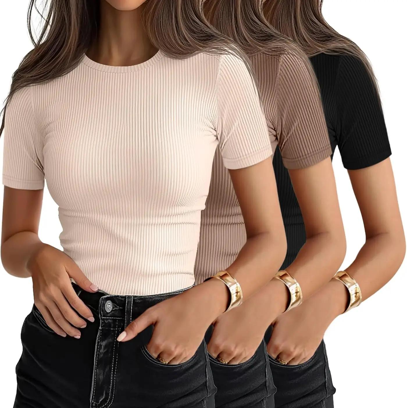 Ficerd 3 Pack Women's Ribbed T-Shirts, Cotton Short Sleeve Basic Tees Crewneck Fitted Tops Casual Shirts 2026 Summer Trendy