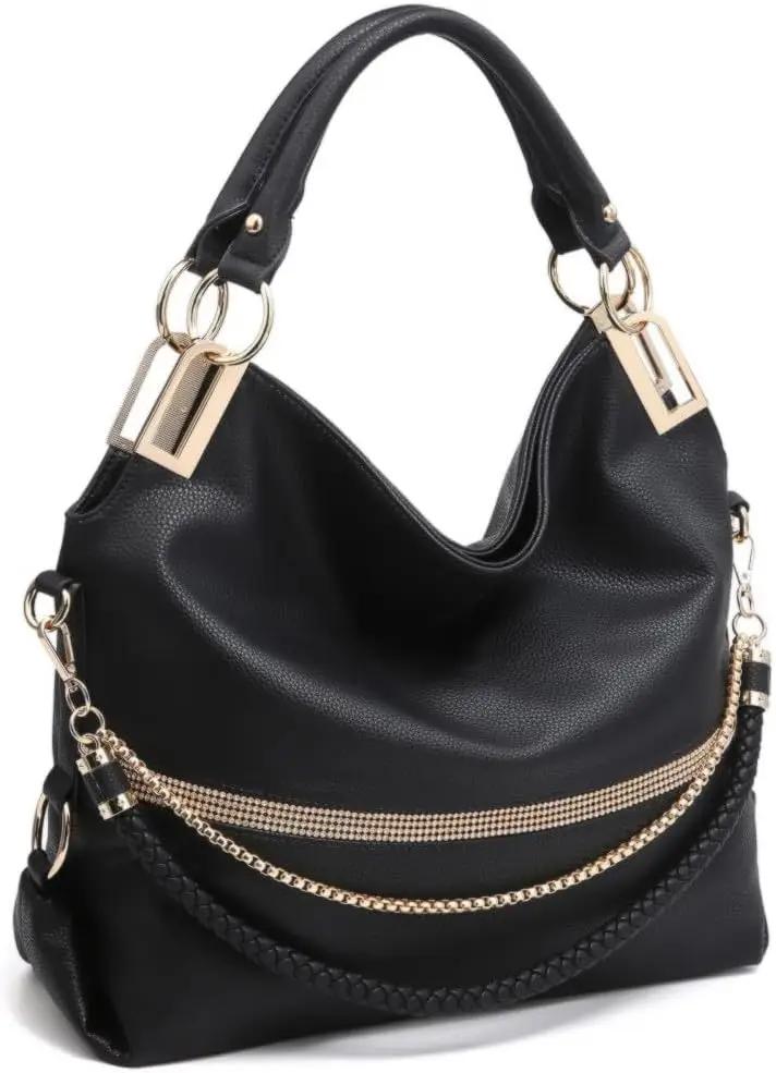 Dasein Women's Large Hobo Bag with Rhinestone Accents Vegan Leather Tote Purse Shoulder Handbag for Ladies