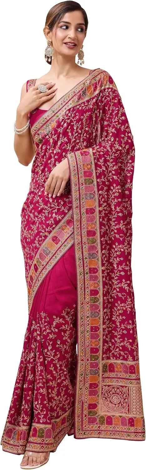 TRENDMALLS Women's Vichitra Silk Embroidery, Siroski Stone, Sequin Work Saree with Unstitch Blouse Piece
