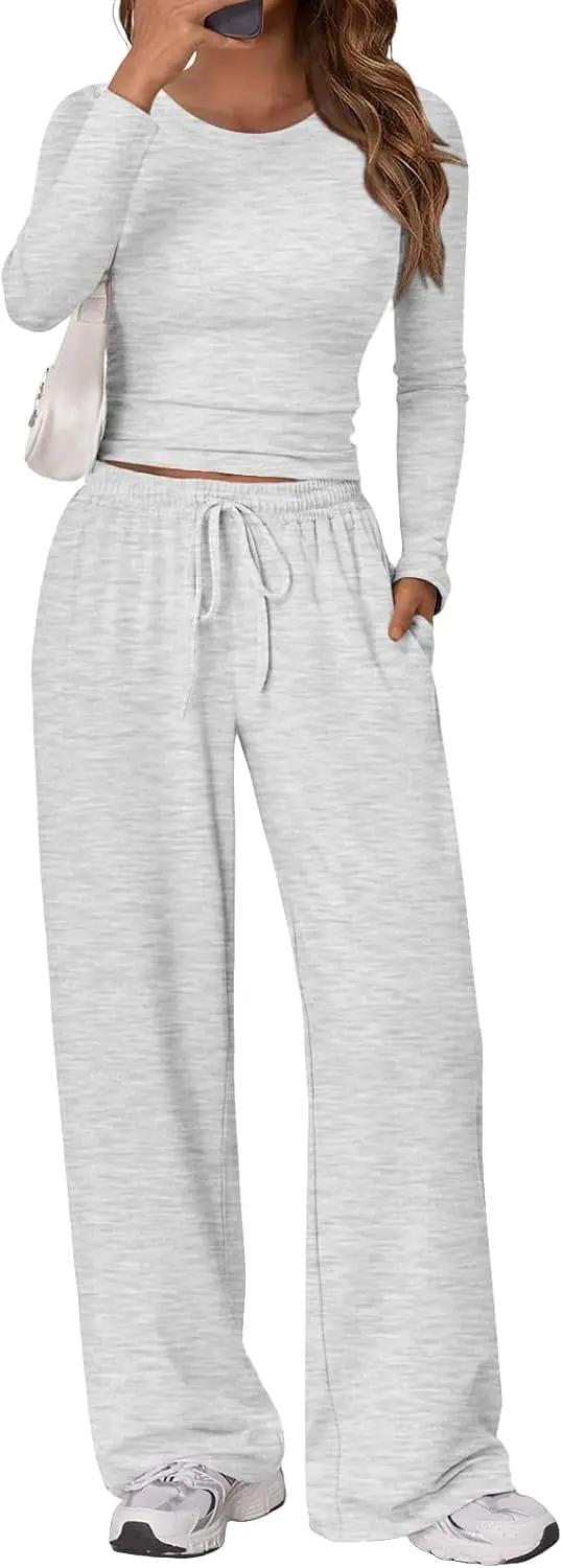 Trendy Queen Women's 2 Piece Matching Lounge Set Long Sleeve Side Ruching Top Wide Leg Drawstring Pants Set with Pockets OEKO-TEX STANDARD 100