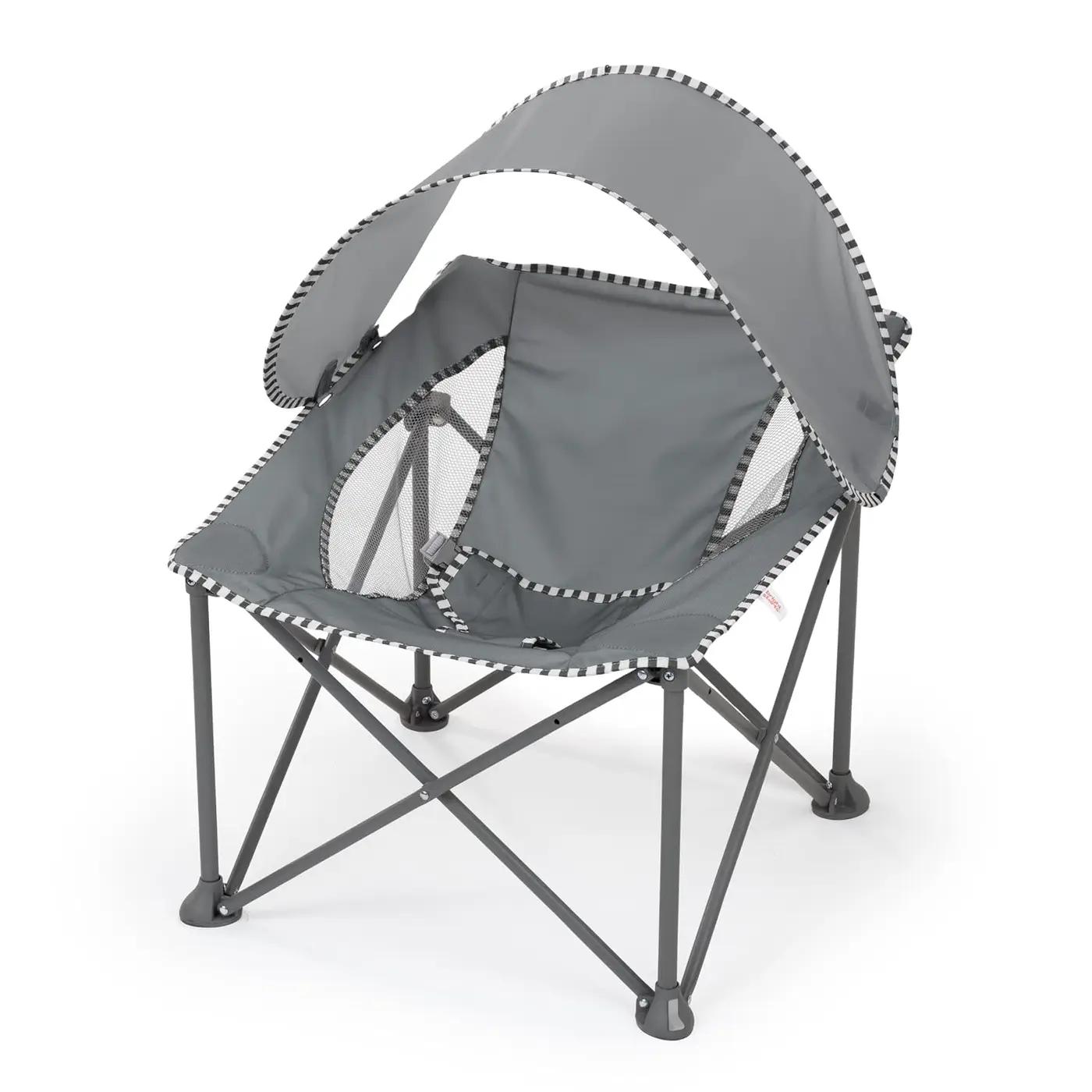 Bright Starts Pop 'N Chill Portable Infant Beach Chair, Travel Seat with UPF 50+ Canopy, Indoor/Outdoor Baby Seat, Grey, 0‑6 Months