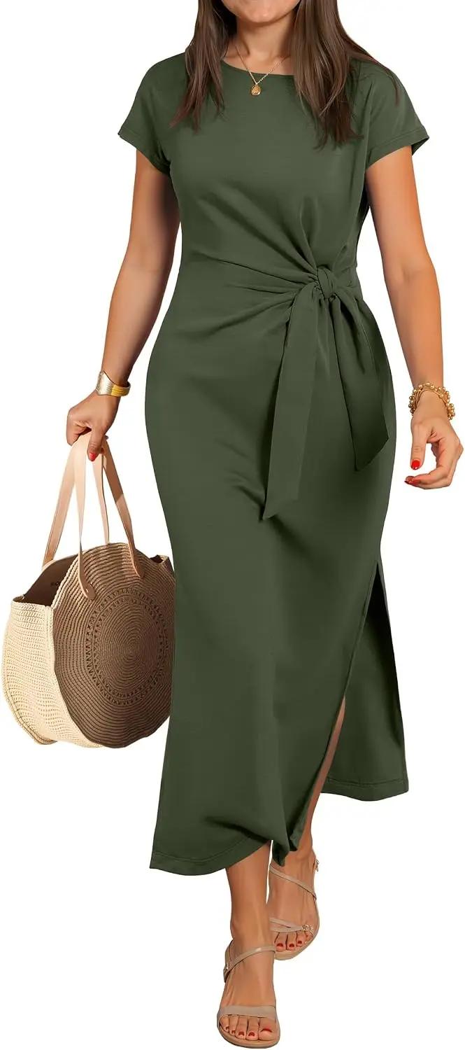 ANRABESS Womens Summer Maxi Dress Casual Crew Neck Tie Waist Split Wrinkle-Free Fit Long Fashion Vacation Dresses 2026 Spring