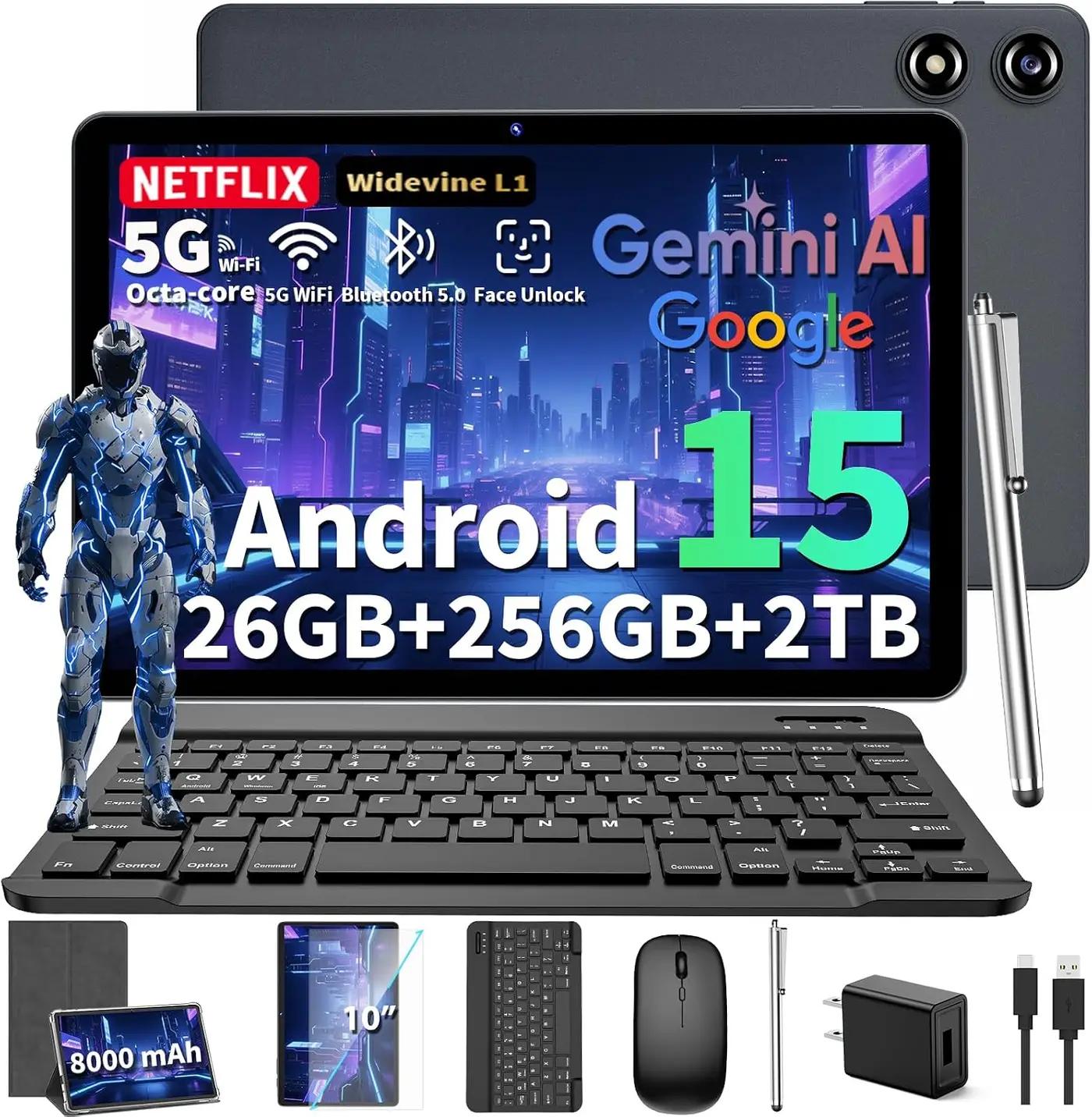 2026 10 Inch Tablet, Android 15 Tablet with Keyboard, 24GB RAM + 256GB ROM (2TB Expand), Tablets PC with 8-Core, Gemini AI, 5G WiFi, 8000mAh, BT5.0,GPS, 2-in-1 Tablets with Mouse, Case, Stylus(Silver)