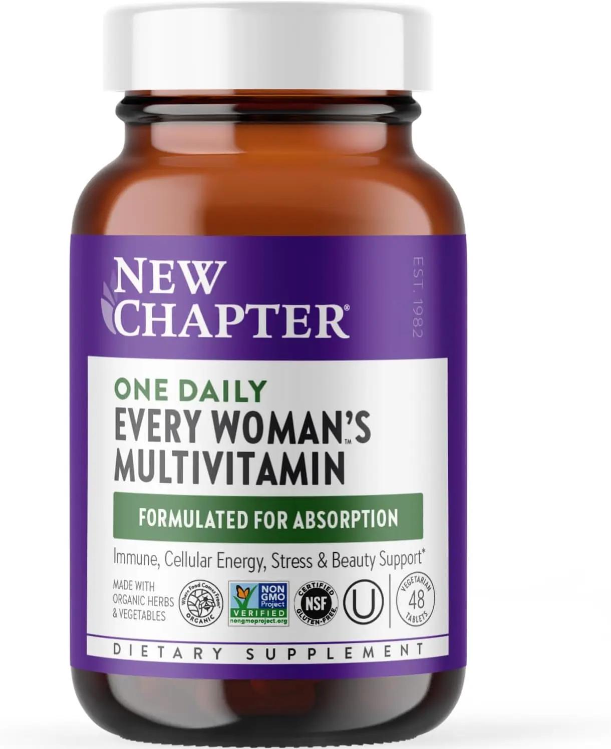 New Chapter Women’s Multivitamin, Iron, B6, B12, Biotin for Hair Growth, D3, VIT C, Zinc for Immune &amp; Stress Support, Gentle on an Empty Stomach, One Daily, Non-GMO, Gluten-Free, 18+, 48 Tablets ClimeCo Certified