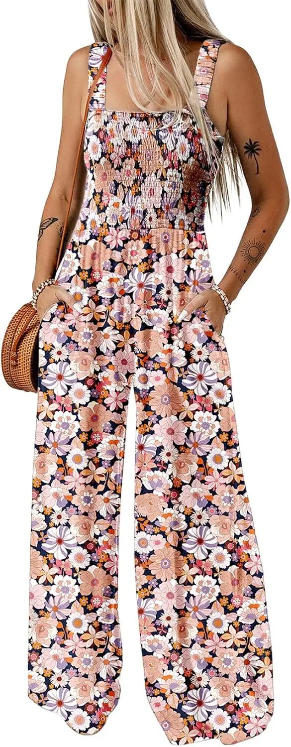 Dokotoo Women's Casual Loose Overalls Jumpsuits One Piece Sleeveless Printed Wide Leg Long Pant Rompers With Pockets