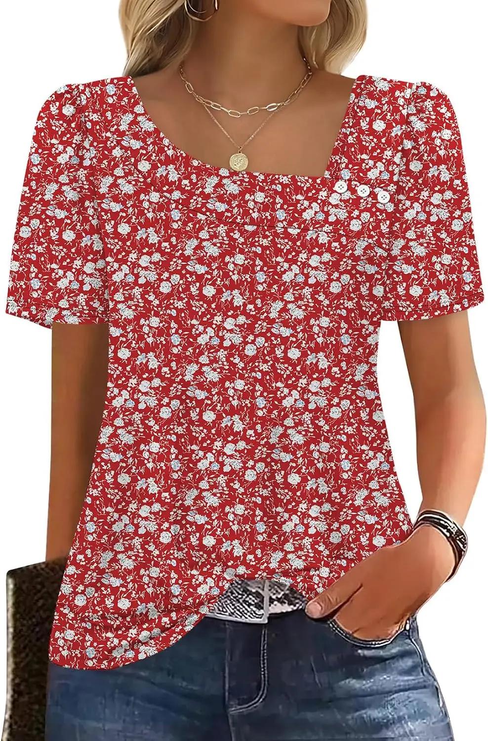 WIHOLL Womens Summer Tops Short Sleeve Shirts Square Neck Spring Outfits 2026 Fashion Clothing Blouses OEKO-TEX STANDARD 100