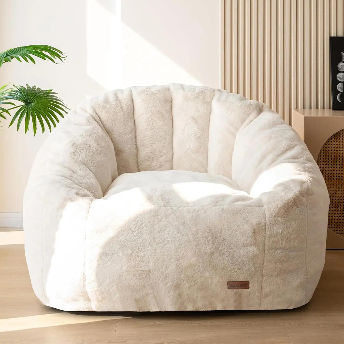 MAXYOYO Giant Bean Bag Chair, Oversized Bean Bag Couch for Adults and Kids, Faux Fur Shell-Shaped Large Chair with Filler, Stuffed Big Accent Sofa Lounge Floor Sofa for Reading, Beige, Standard OEKO-TEX STANDARD 100