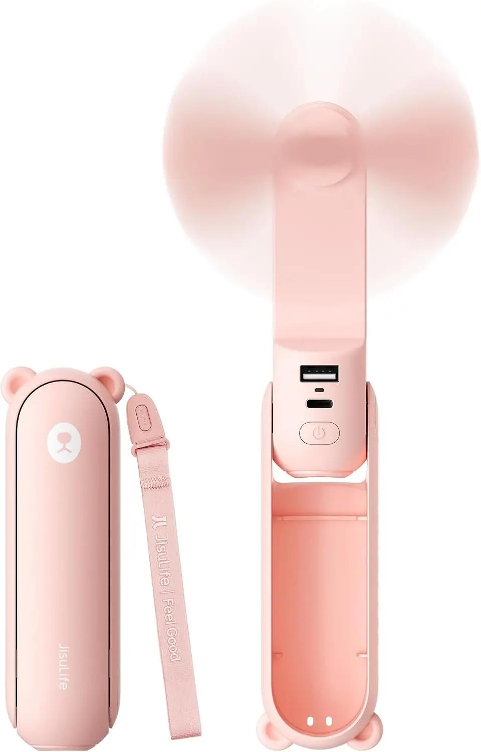 JISULIFE JISULIFE 3 IN 1 Handheld Mini Fan - Portable Fan &amp; Power Bank &amp; Flashlight, 19H Max Cooling, USB Rechargeable, Pocket-Sized for Travel, Cruise, Concerts, Makeup, 2026 Summer Gifts for Women(Pink)