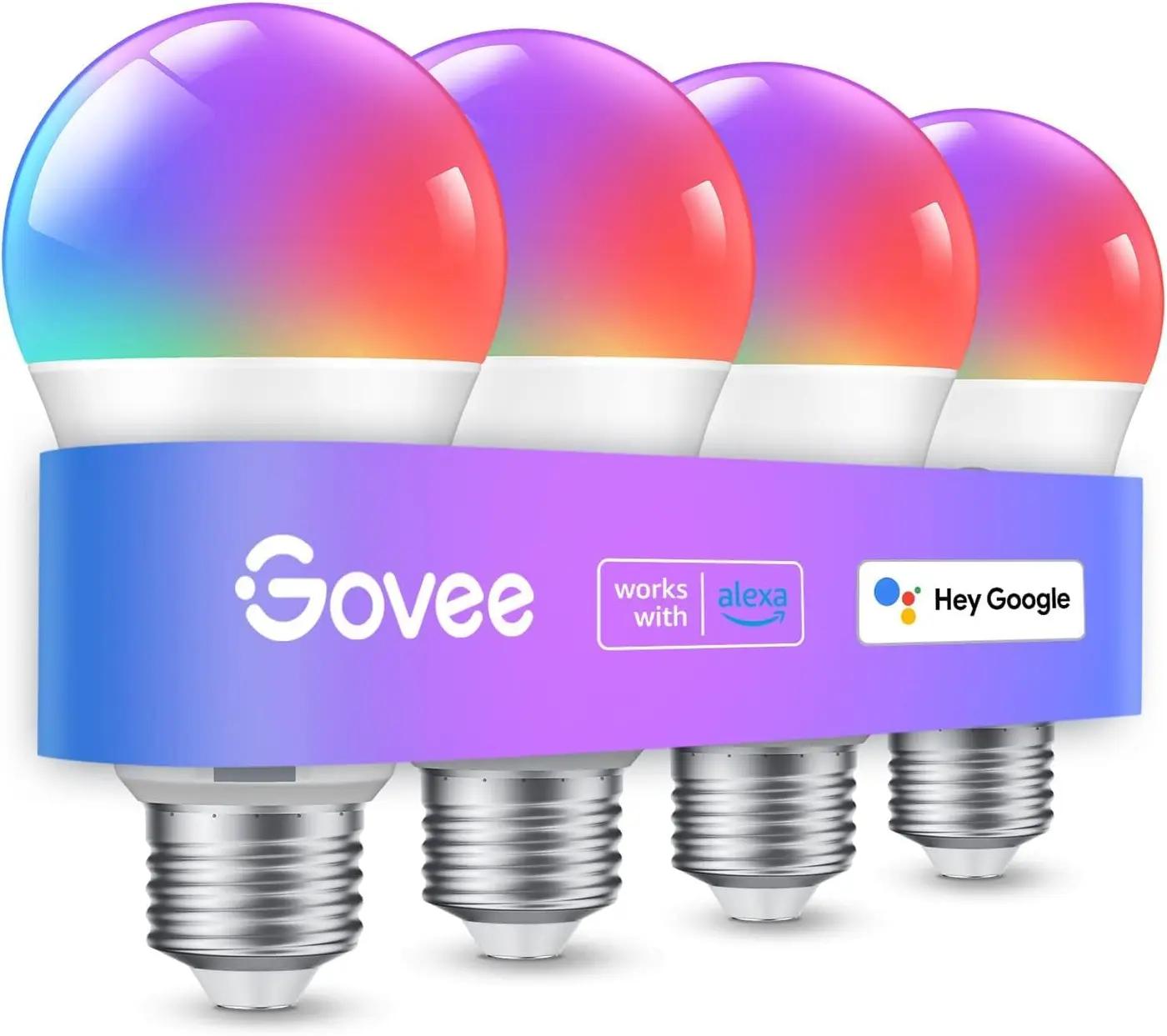 Govee Smart Light Bulbs, Color Changing Light Bulb, Work with Alexa and Google Assistant, 16 Million Colors RGBWW, WiFi &amp; Bluetooth LED Light Bulbs, Music Sync, A19, 800 Lumens, 4 Pack
