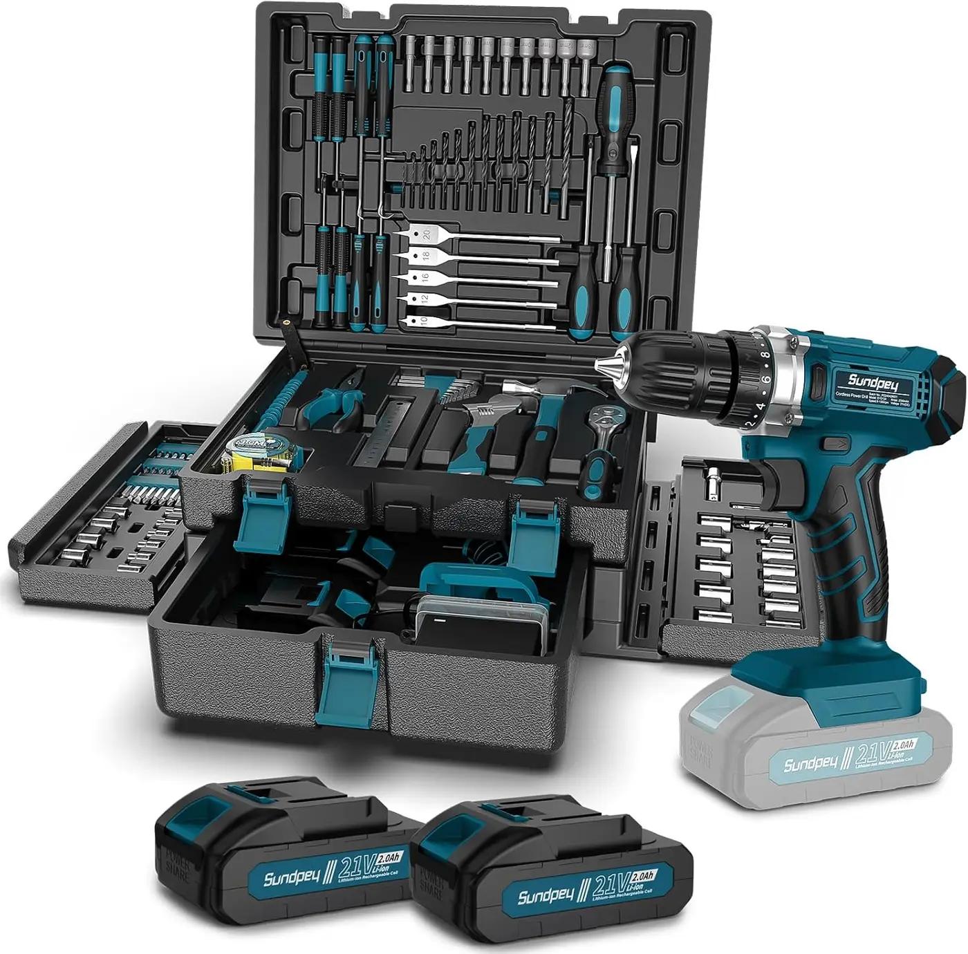 Tool Kit with 21V Cordless Drill - Sundpey 255-PCs Portable Complete General Basic Home and Auto Repair Tool Set with Drawer for Handyman &amp; Diyer &amp; Homeowner - Power Drill with 2 x 2.0Ah Batteries